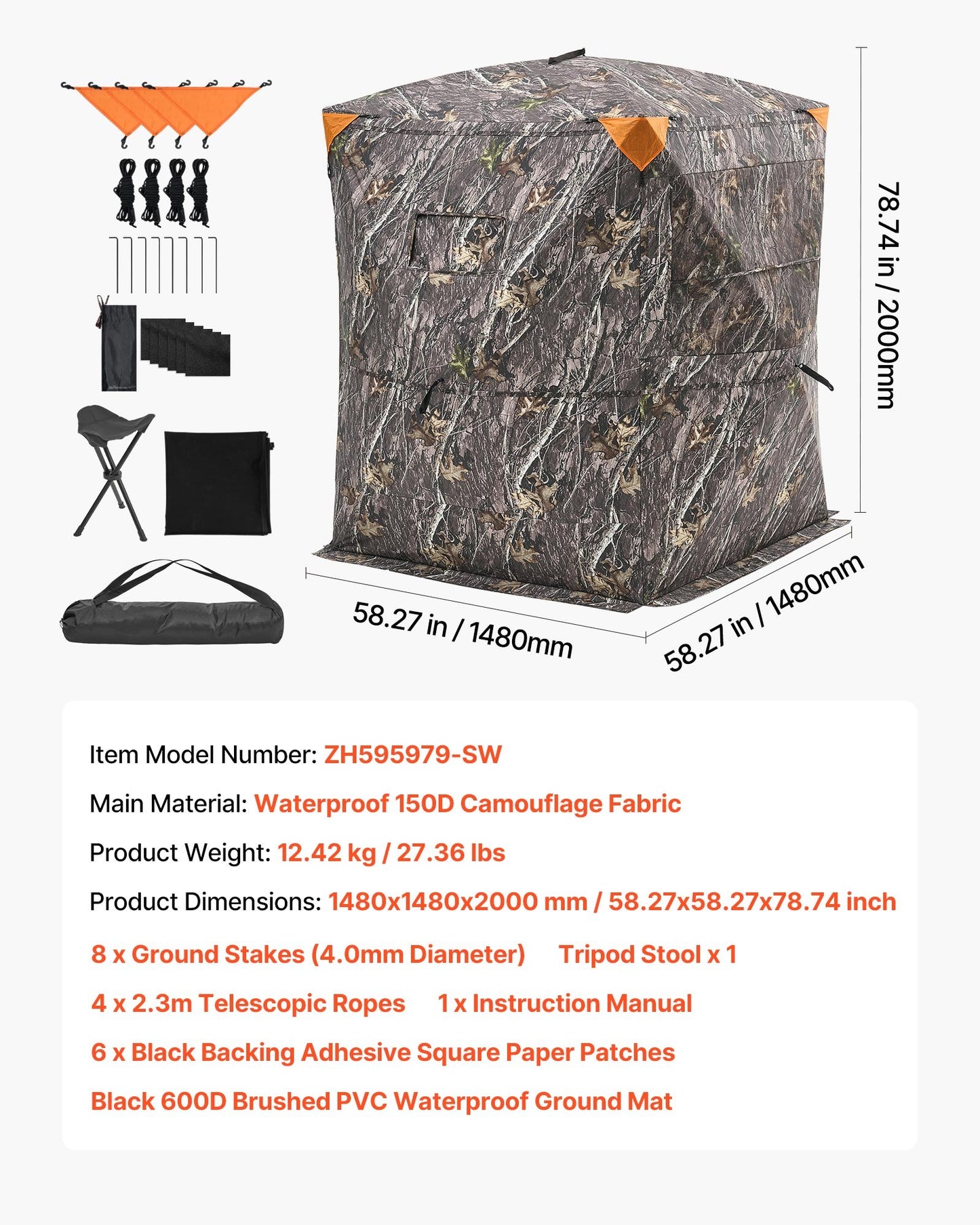 Hunting Blind, 2-3 Person Thermal Ground Blinds with Tri-Leg Chair and Carrying Bag, Portable Camouflage Tent, Durable Concealed Shelter with Silent Zipper Door and Window, for Turkey Deer