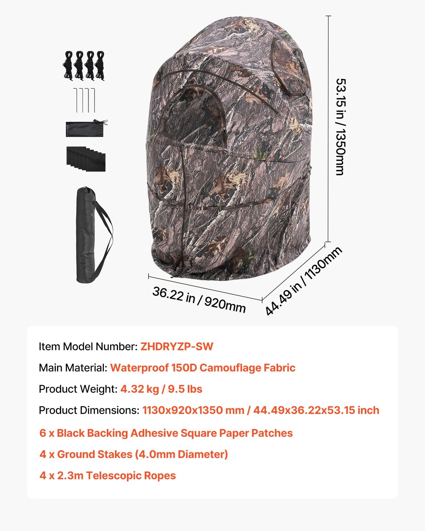 Hunting Blind, Single Person Ground Blinds with Carrying Bag, Portable Camouflage Tent, Reinforced Durable Concealed Shelter with Silent Zipper Door and Window, for Turkey and Deer