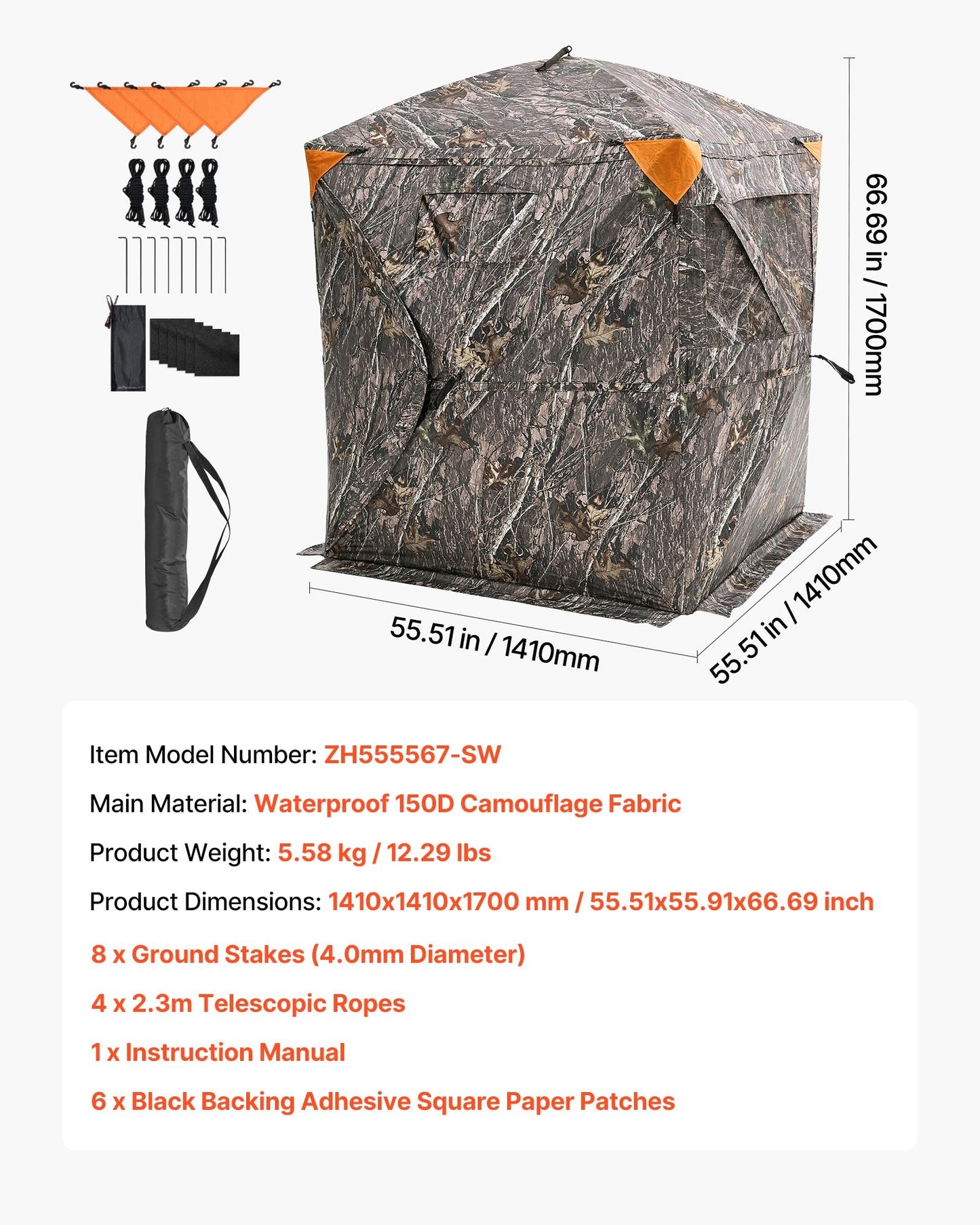 Hunting Blind, 270° Ground Blind, 1-2 Person Pop Up Deer Blind for Hunting with Carrying Bag, Portable Resilient Hunting Tent, 3 Horizontal Windows for Turkey and Deer Hunting
