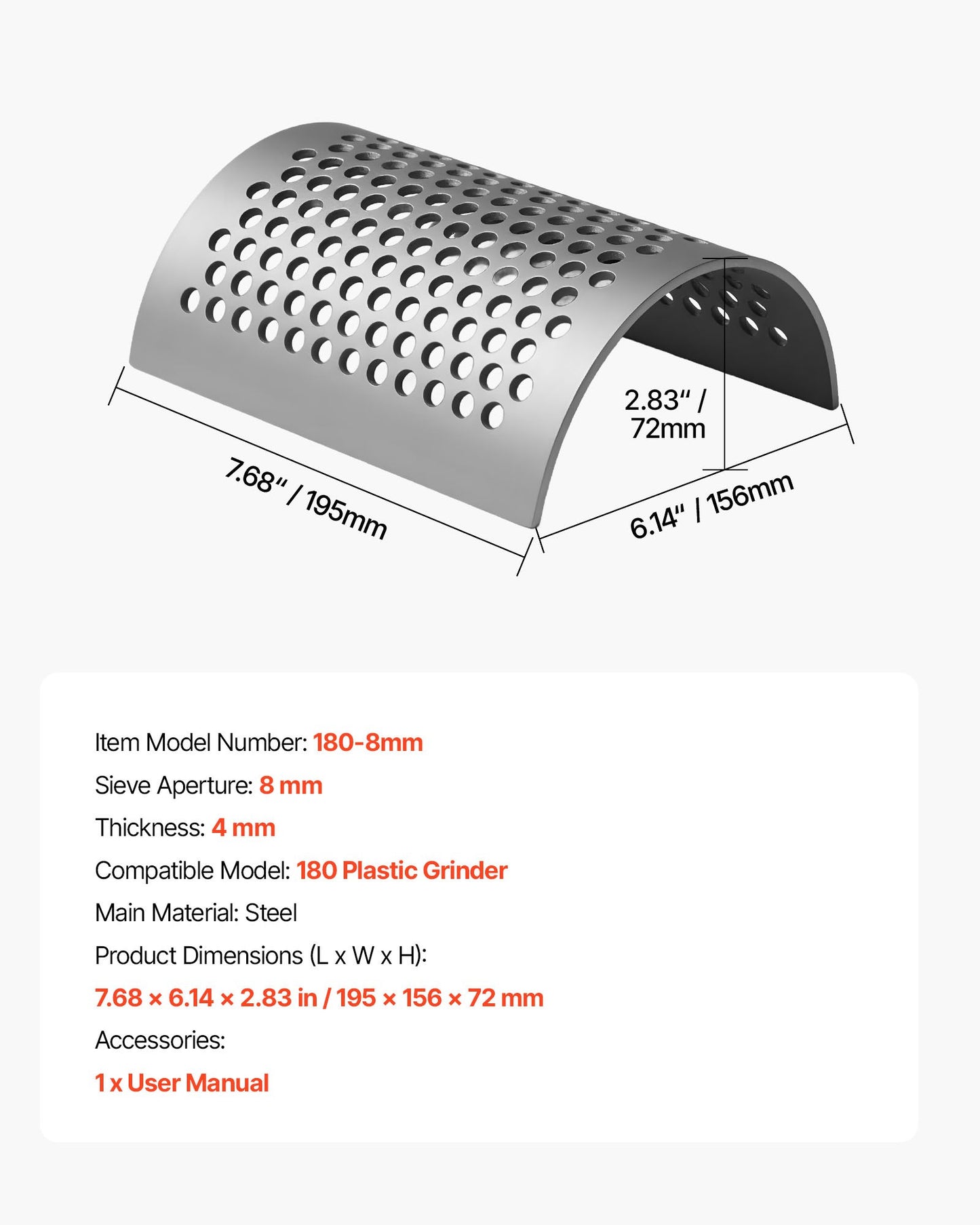 Screen Mesh for Plastic Shredder, High-Quality Steel Durable Mesh, 0.315 in/8 mm High-Precision Aperture Screen, Compatible with Model 180 Plastic Grinder, Suitable for Small Particle Recycling
