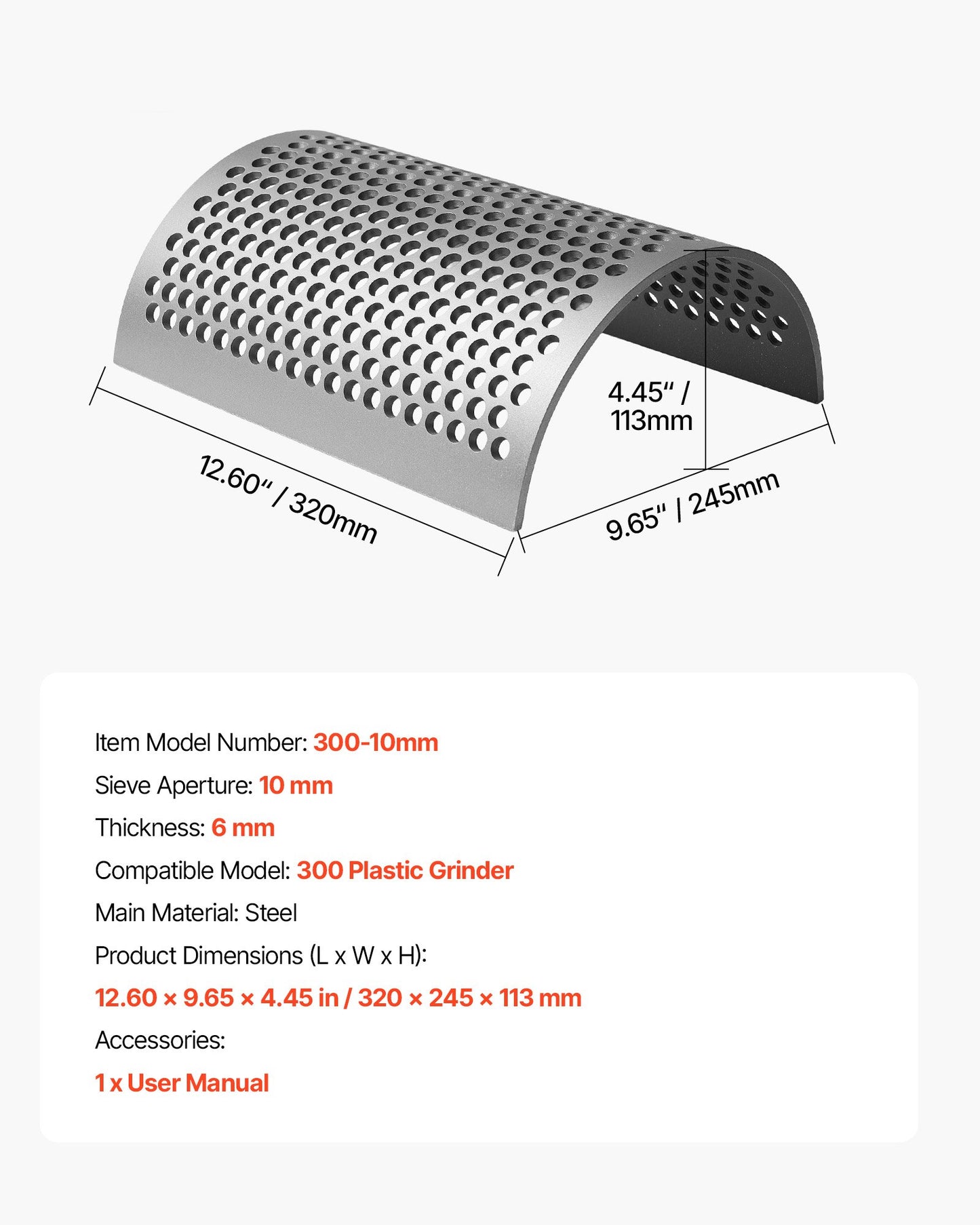 Screen Mesh for Plastic Shredder, High-Quality Steel Durable Mesh, 0.39 in/10 mm High-Precision Aperture Screen, Compatible with Model 300 Plastic Grinder, Suitable for Medium Particle Recycling
