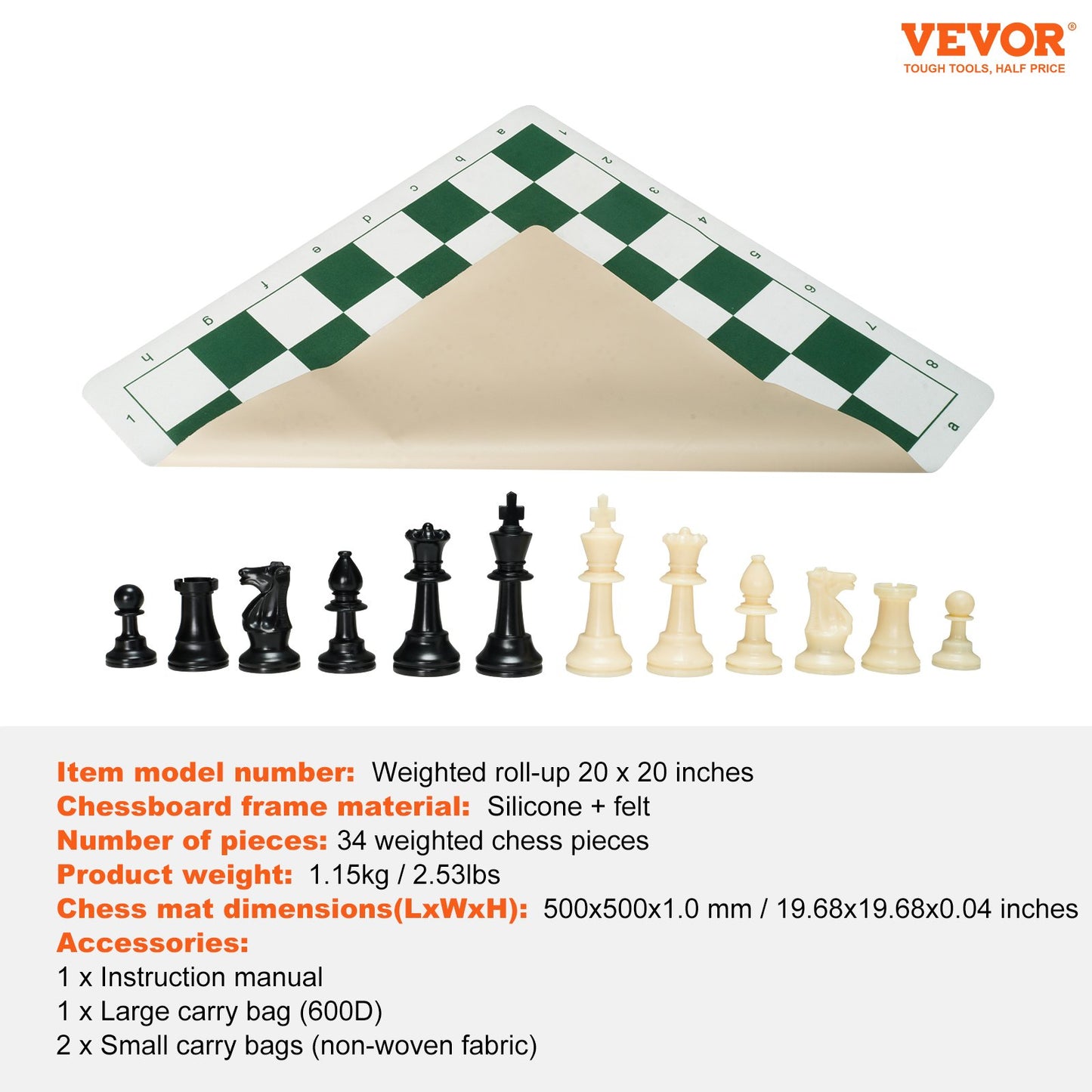 Tournament Chess Set, 20 Inch Roll-Up Beginner Chess Board, Foldable Silicone Chess Game with Plastic Weighted Chess Pieces & Storage Bag, Portable Travel Chess Board Gift for Adult Kid Family