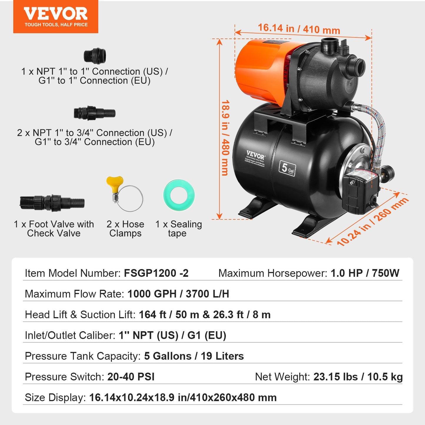 1HP Shallow Well Pump with Pressure Tank 1000GPH Irrigation Booster Pump