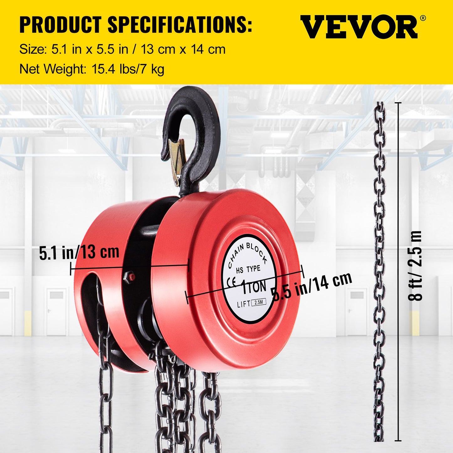 Hand Chain Hoist, 2200 lbs /1 Ton Capacity Chain Block, 8ft/2.5m Lift Manual Hand Chain Block, Manual Hoist with Industrial-Grade Steel Construction for Lifting Good in Transport & Workshop, Red