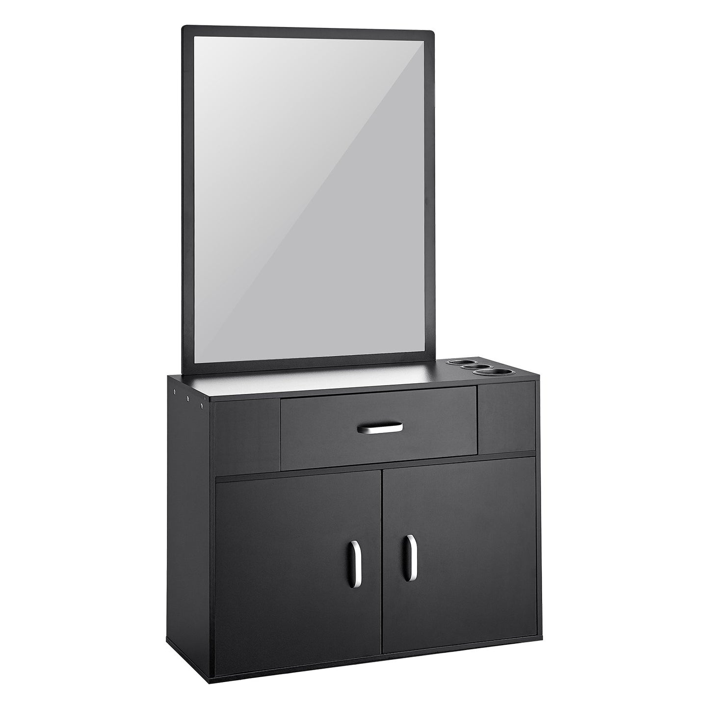 Salon Organizer, Wall-Hanging Unit for Hairdressers, Complete with 3 Holders, Mirror, Dual-Door Storage, and Single Drawer, Black