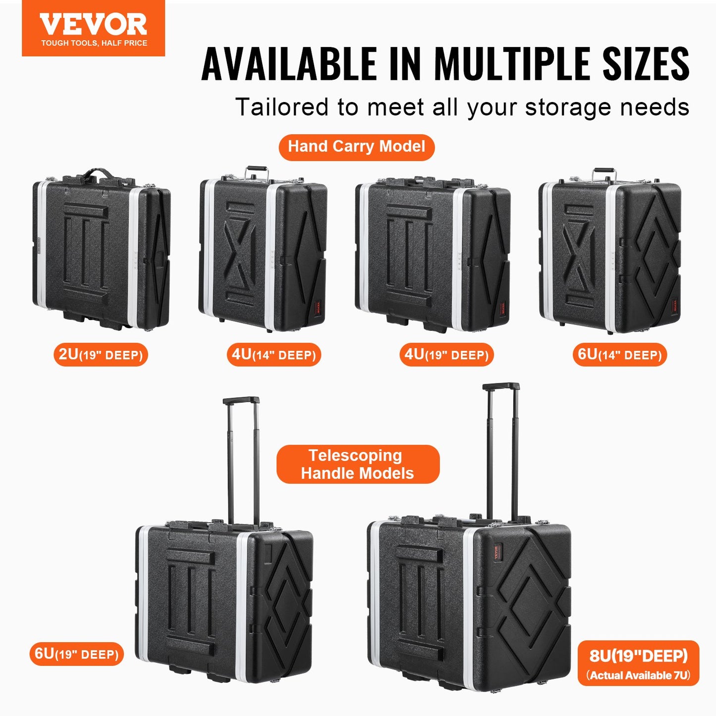 8U Rack Case, Standard 19 in Depth, Server Rack Cabinet with ABS Construction Wheels Heavy-Duty Twist Butterfly Latches, Detachable Front & Back Panels, for Amps, Mixers, Microphone Receivers