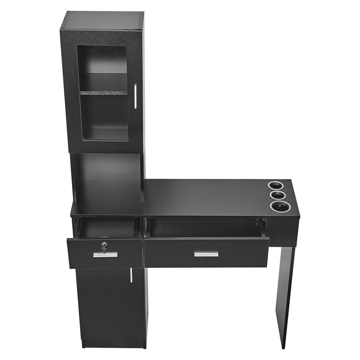 Salonstation, wandmontierte Friseursalonstation für Friseure, Beauty-Spa-Möbelset, 1 Lagerschrank, 3 Fächer und 2 Schubladen (eine abschließbar), Schwarz