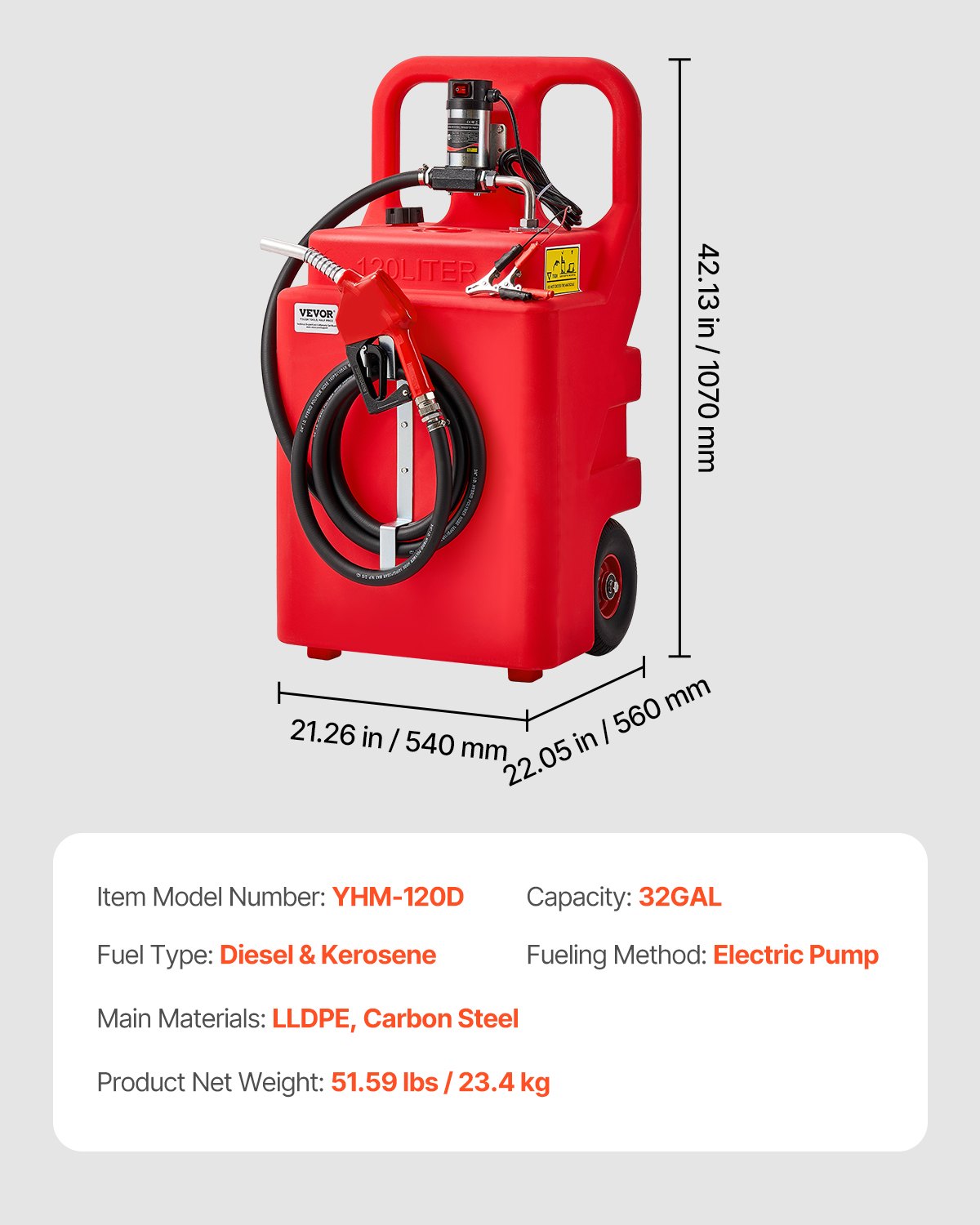 Diesel Transfer Tank, 32 Gallon, Portable Kerosene Tank with 12V DC 10GPM Electric Transfer Pump, 13 ft Delivery Hose & Self-sealing Nozzle, Compatible with Diesel & Kerosene