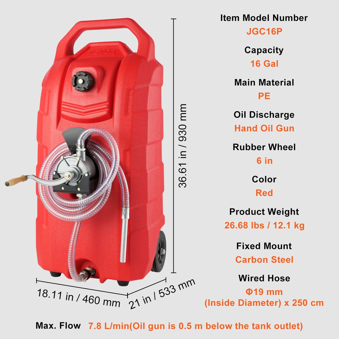 16 Gallon Fuel Caddy, 7.8 L/min, Portable Gas Storage Tank Container with Hand Pump Rubber Wheels, Fuel Transfer Storage Tank for Gasoline Diesel Machine Oil Car Mowers Tractor Boat Motorcycle