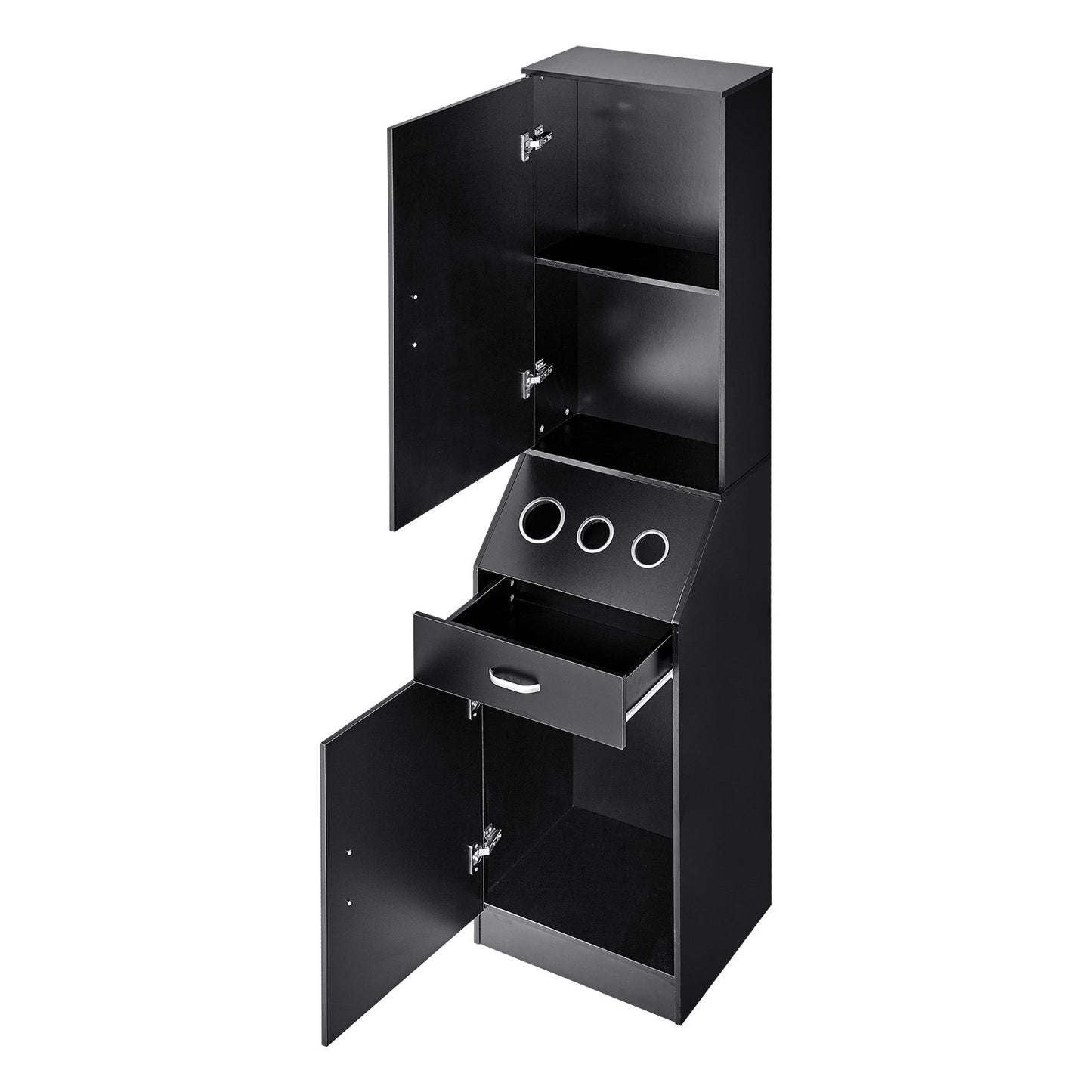 Salon Organizer, Station Unit for Hair Professionals, Equipped with 3 Holders for Hair Dryers, Storage Spaces, and a Single Drawer, in Black