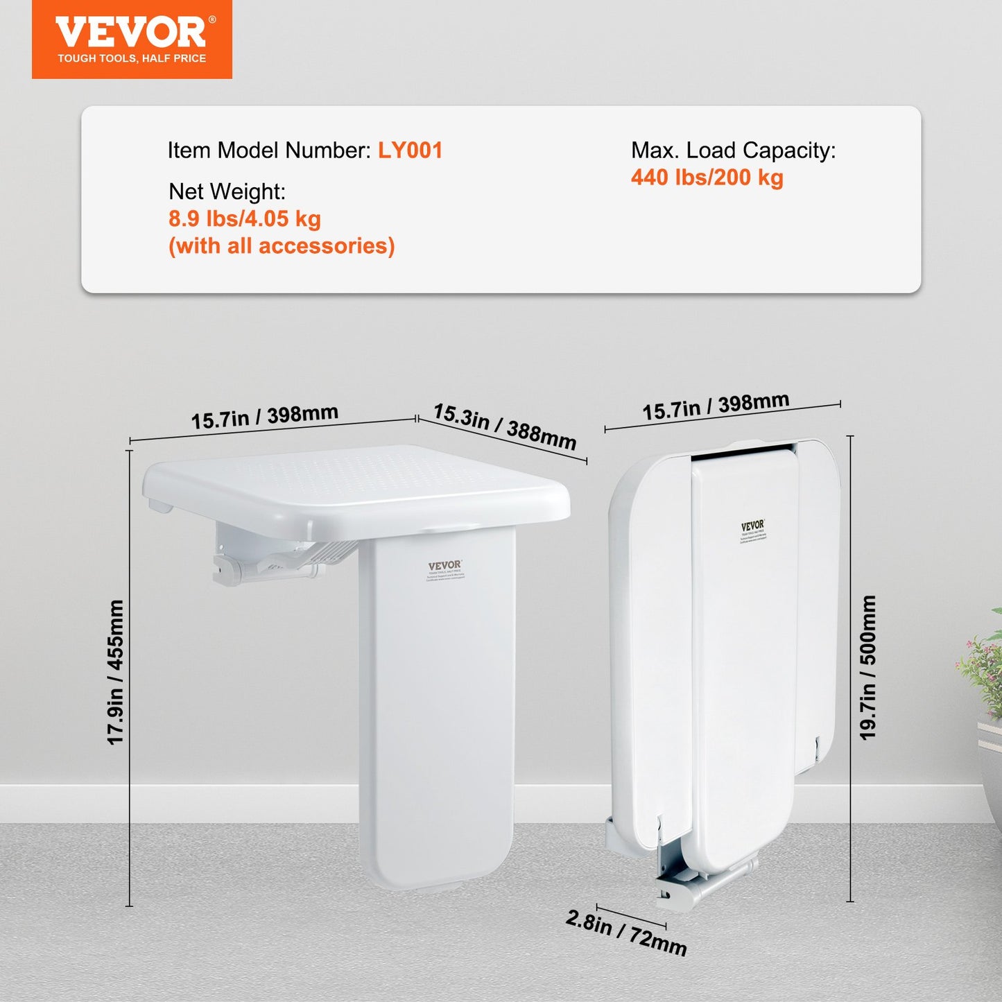 Folding ABS Shower Seat, 15.7'' x 16.7'' Unfolded, Wall Mounted Fold Up Shower Bench with 440 lbs Load Capacity, Space Saving Fold Down Shower Chair for Seniors Pregnant Women Children Adults