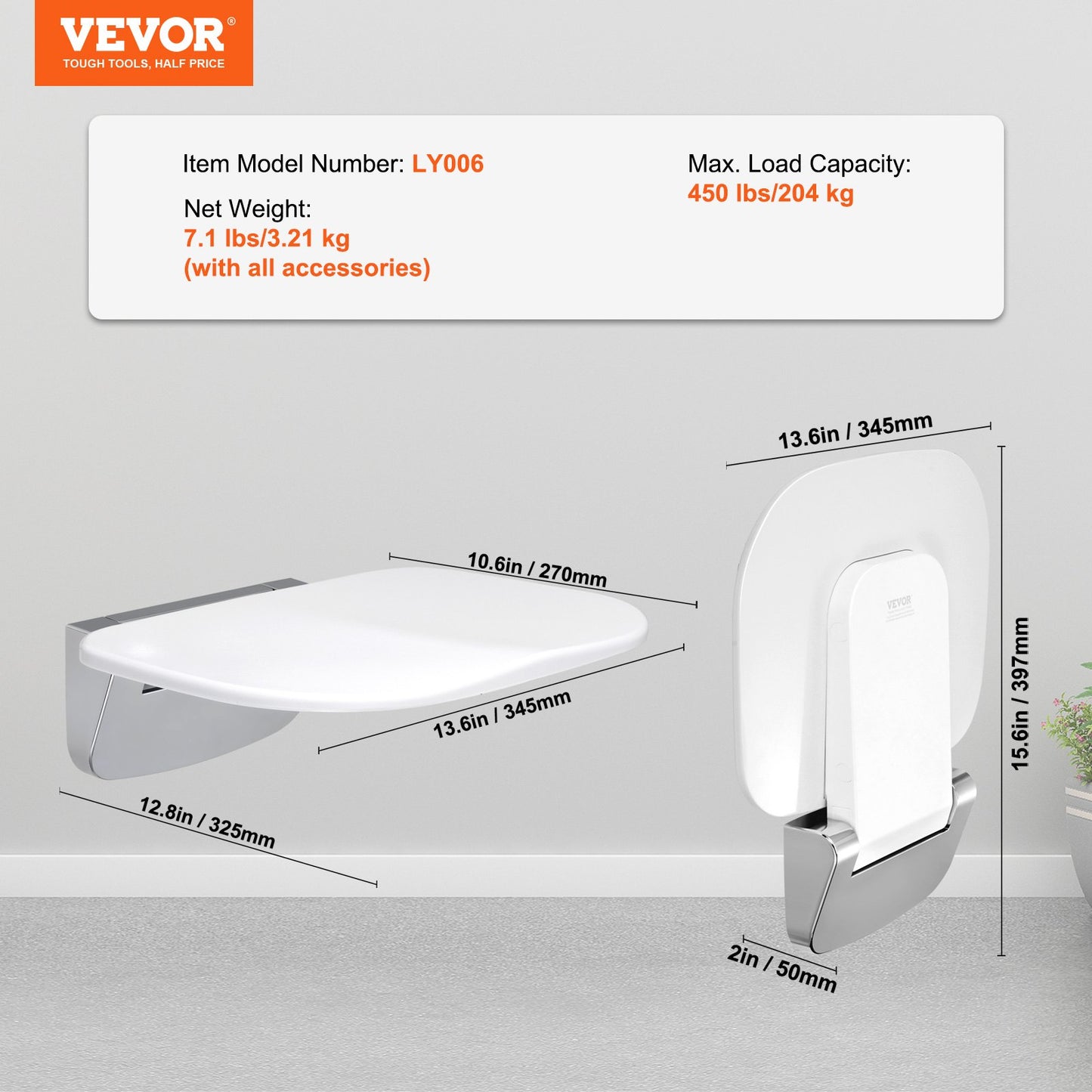 Urea-formaldehyde Folding Shower Seat, 13.6'' x 12.8'' Unfolded, Wall Mounted Fold Up Shower Bench with 450 lbs Load Capacity, Space Saving Fold Down Shower Chair for Seniors Children Adults