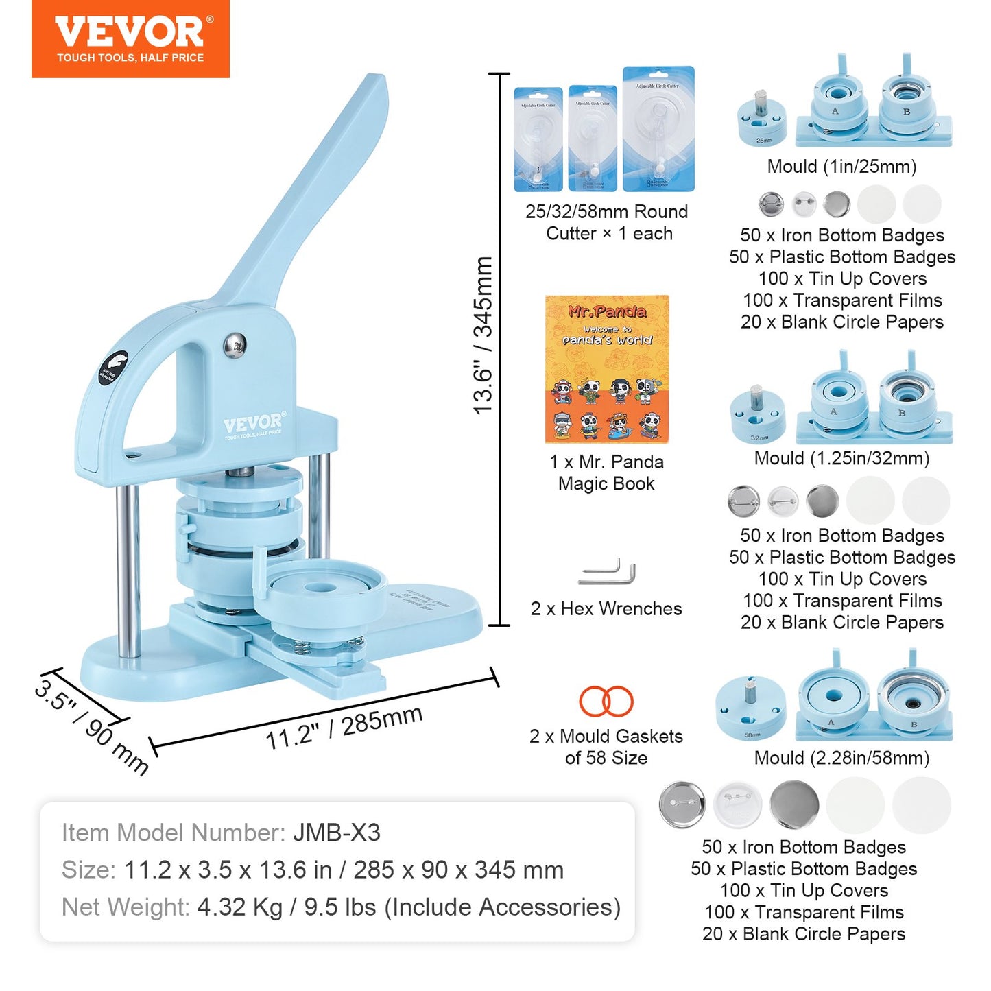 3-IN-1 Button Maker, 1/1.25/2.28 inch(25/32/58mm) Pin Maker, 300pcs Button Parts, Button Maker Machine with Panda Magic Book, Ergonomic Arc Handle Punch Press Kit, For Children DIY Gifts, Blue