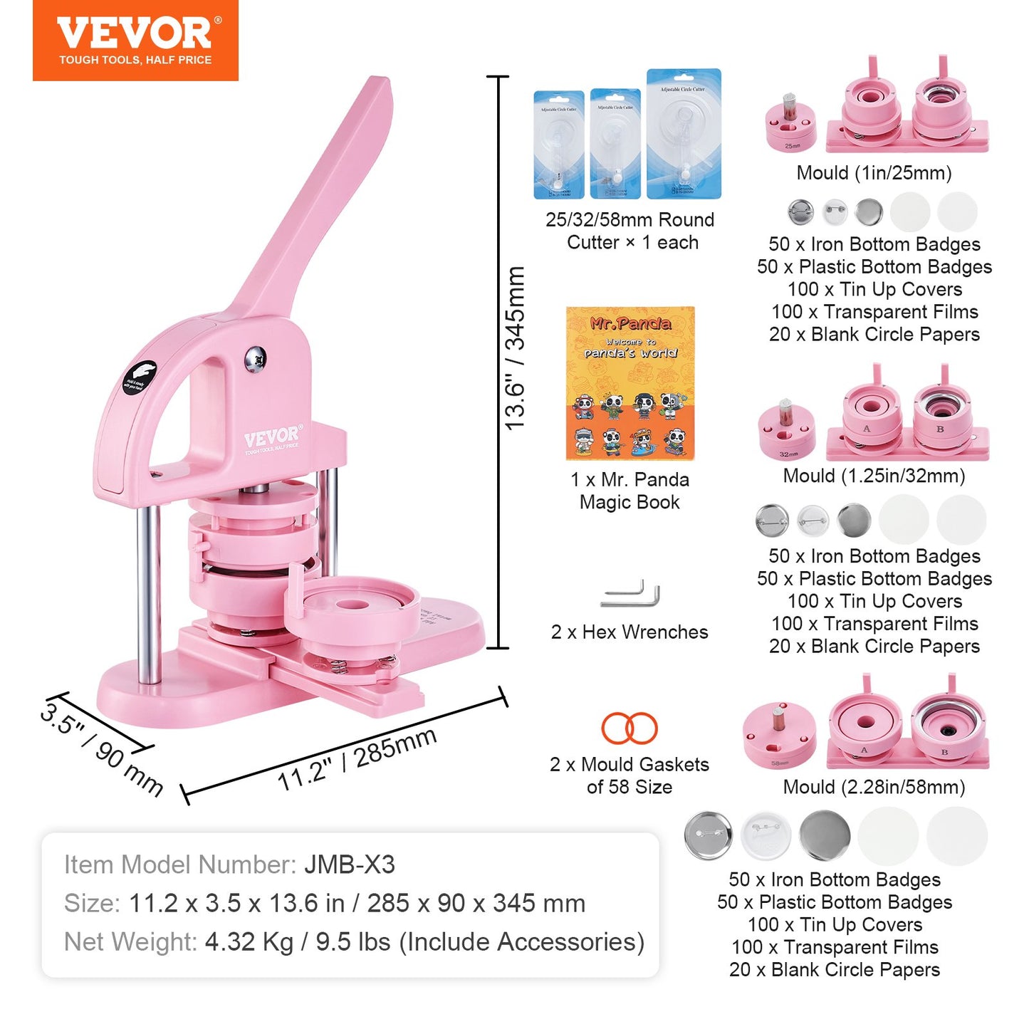 3-IN-1 Button Maker, 1/1.25/2.28 inch(25/32/58mm) Pin Maker, 300pcs Button Parts,Button Maker Machine with Panda Magic Book, Ergonomic Arc Handle Punch Press Kit, For Children DIY Gifts, Pink