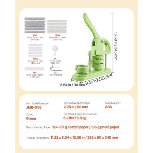 Knappmaskin, 58 mm, Plastnålstillverkare med 100 st knappdelar, Cirkelskärare och Insexnycklar, Förstärkt Ergonomiskt Handtag, För DIY-Brickor, Personliga Nålar och Nyckelringar, Grön | EU