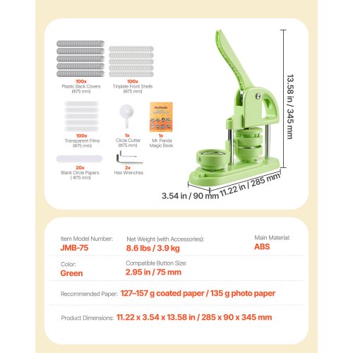 Knappmaskin, 75 mm, Plastnålstillverkare med 100 st knappdelar, Cirkelskärare och Magisk Bok, Förstärkt Ergonomiskt Handtag, För DIY-Brickor, Personliga Nålar och Nyckelringar, Grön | EU