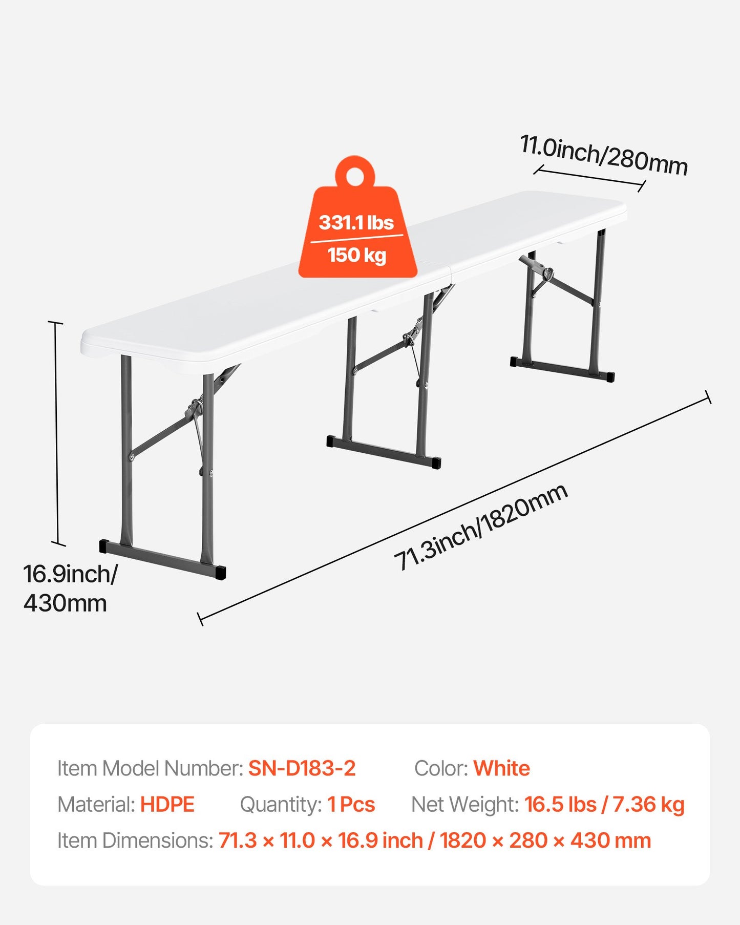 Plastic Folding Bench, 6 ft Portable Bench for Indoor/Outdoor Picnic Party Patio Camping Dining, Foldable Smooth HDPE Seat for Garden Soccer Multipurpose Entertaining Activities, 1 Pack, White