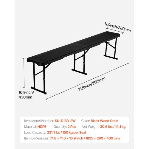 hopfällbar plastbänk, 1,8 meter bärbar bänk för utomhuspicknick, fest, camping, middag, hopfällbar slät HDPE-sits för trädgårdsfotboll, mångsidiga underhållningsaktiviteter, 2-pack, 2 bärväskor, svart | EU