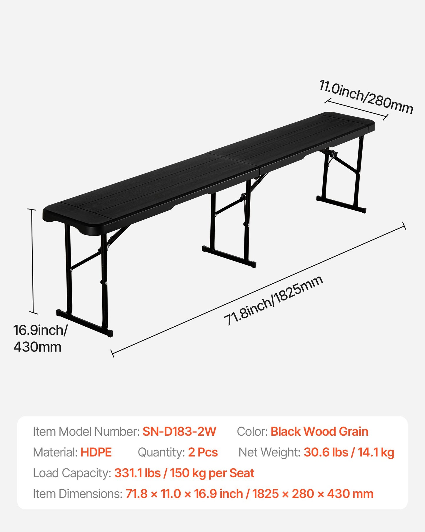 Plastic Folding Bench, 6 ft Portable Bench for Outdoor Picnic Party Camping Dining, Foldable Smooth HDPE Seat for Garden Soccer Multipurpose Entertaining Activities, 2 Pack, 2 Carry Bags, Black