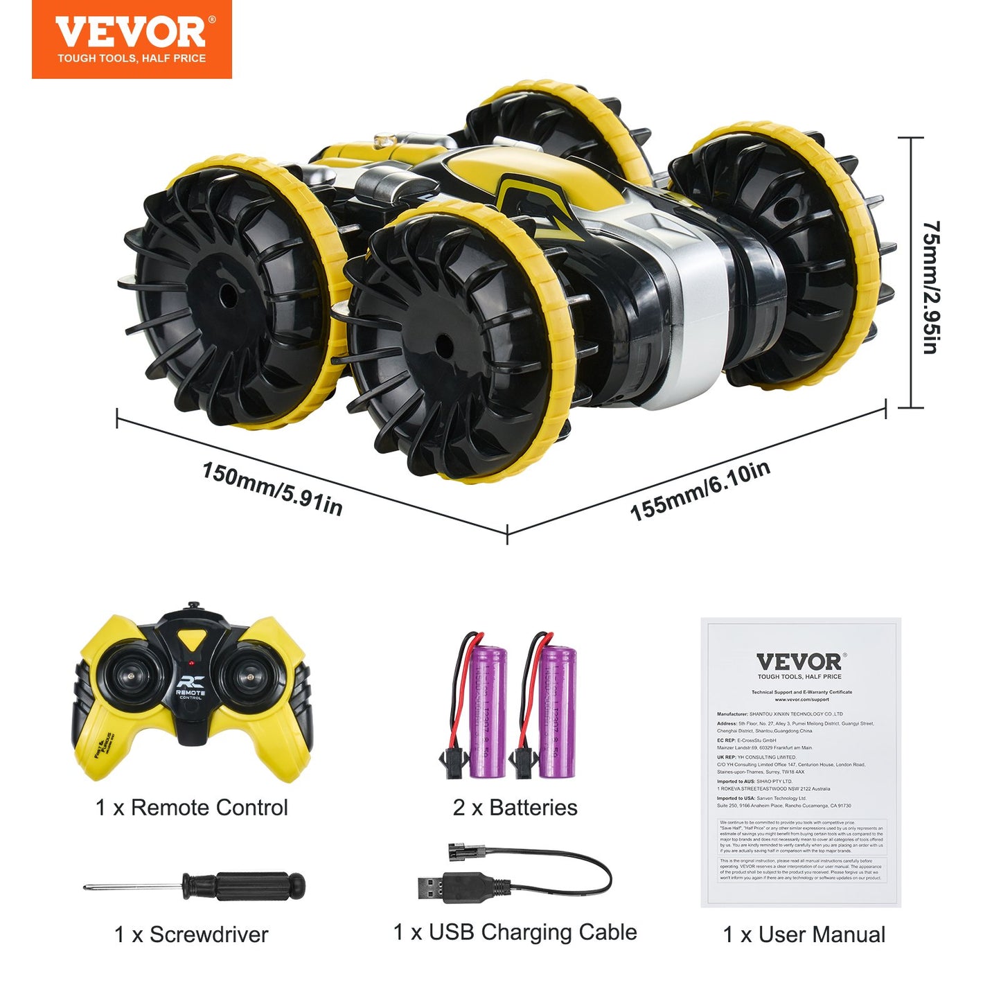 Amphibious Remote Control Car Boat, 2.4GHz 12 km/h, 4WD Waterproof RC Car for Kids, 360° Rotating Stunt Car with 2 Batteries, All Terrain Water Beach Pool Toy for 6+ Year Old Boys Girls, Yellow