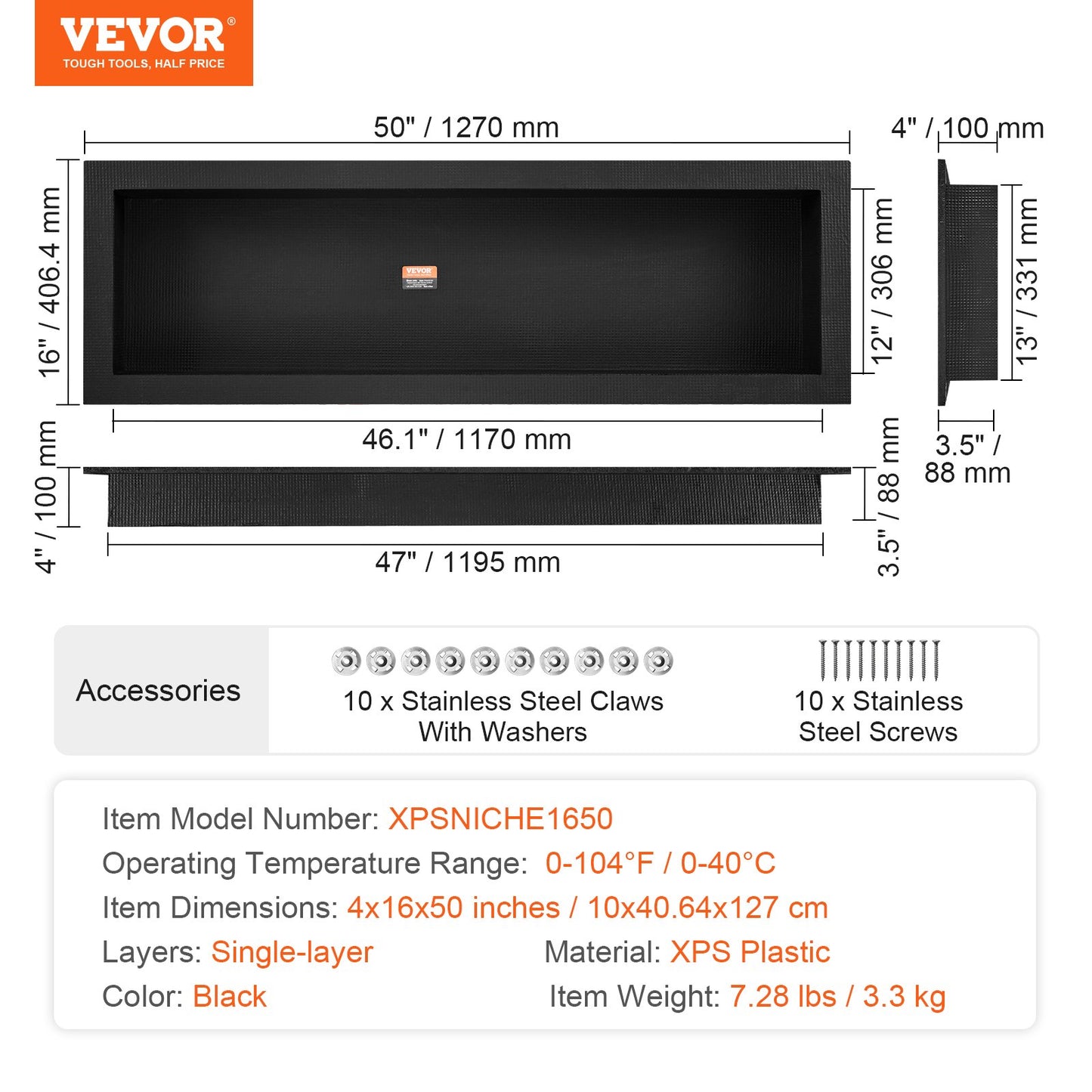Shower Niche Ready for Tile 16" x 50", Single Shelf Organizer, Square Corners Wall-inserted Niche Recessed, Sealed Protection Modern Soap Storage Niche for Shower Bathroom, Black