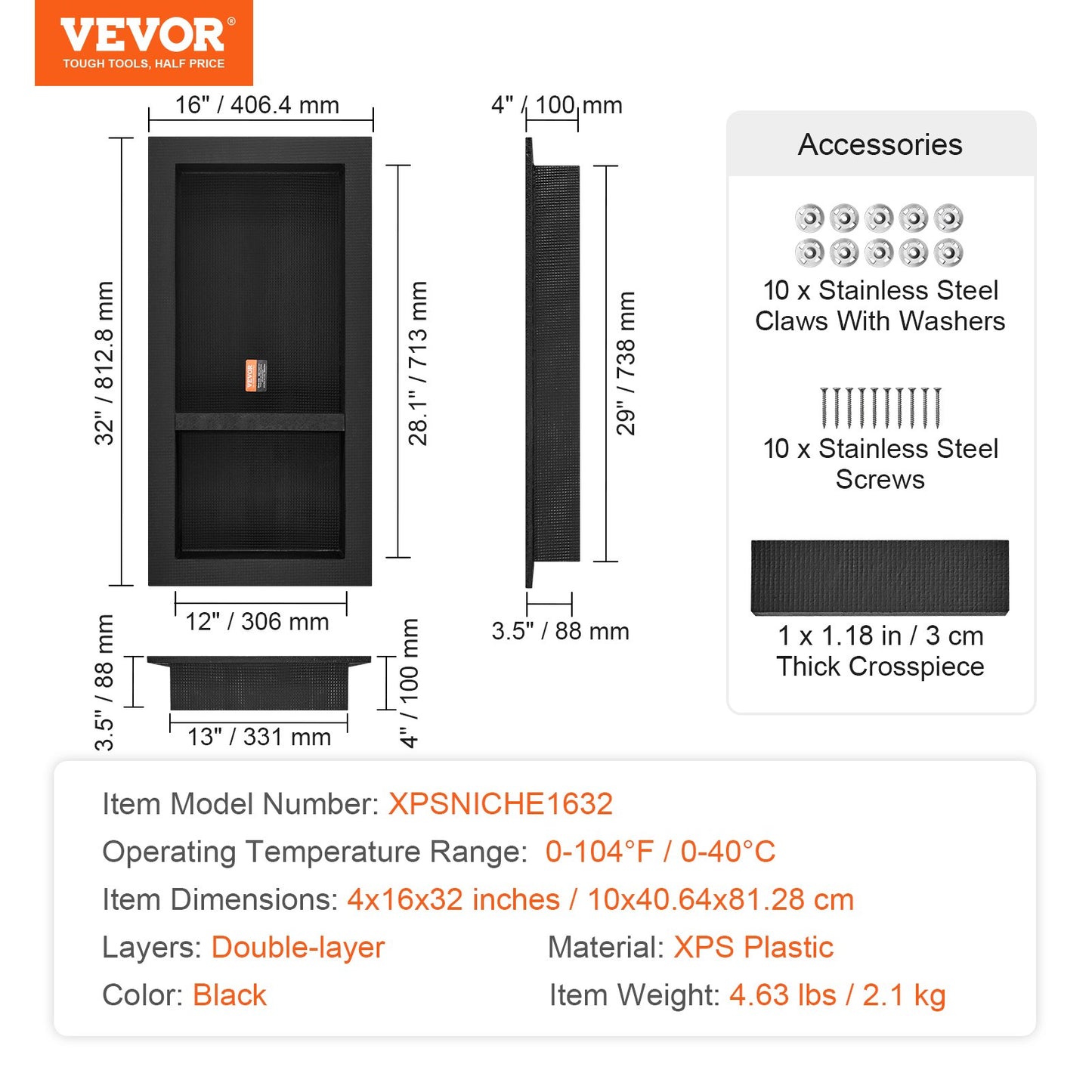 Shower Niche Ready for Tile 16" x 32", Double Shelf Organizer, Square Corners Wall-inserted Niche Recessed, Sealed Protection Modern Soap Storage Niche for Shower Bathroom, Black