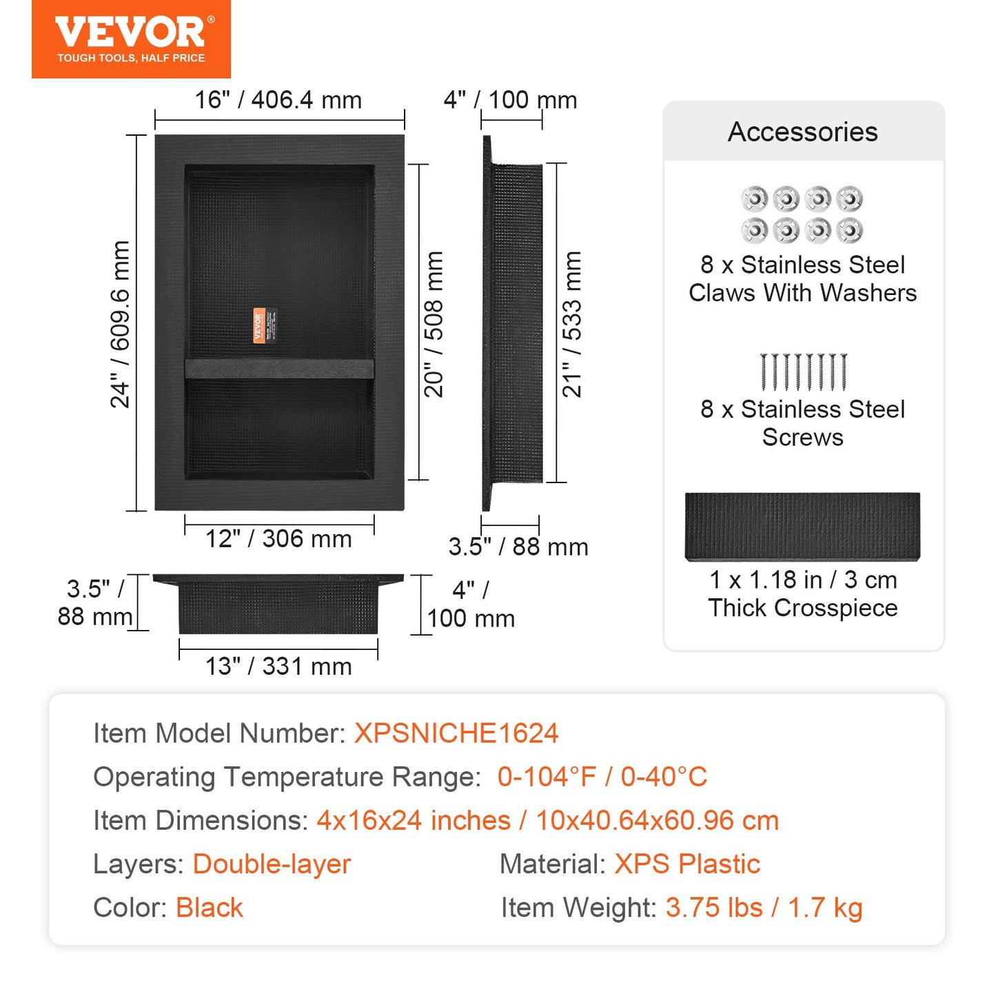 Shower Niche Ready for Tile 16" x 24", Double Shelf Organizer, Square Corners Wall-inserted Niche Recessed, Sealed Protection Modern Soap Storage Niche for Shower Bathroom, Black