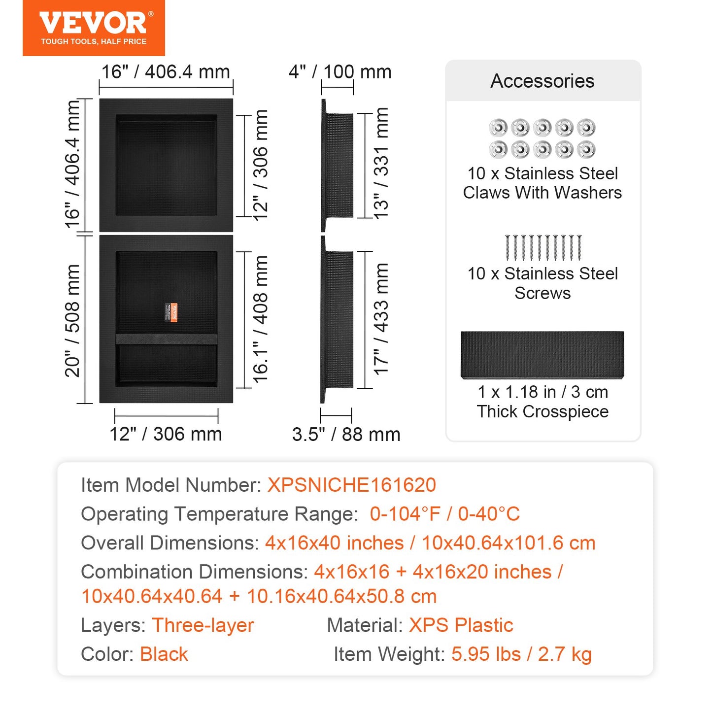 Shower Niche Ready for Tile 16" x 16" & 16" x 20", Triple Shelf Organizer, Square Corners Wall-inserted Niche Recessed, Sealed Protection Modern Soap Storage Niche for Shower Bathroom, Black