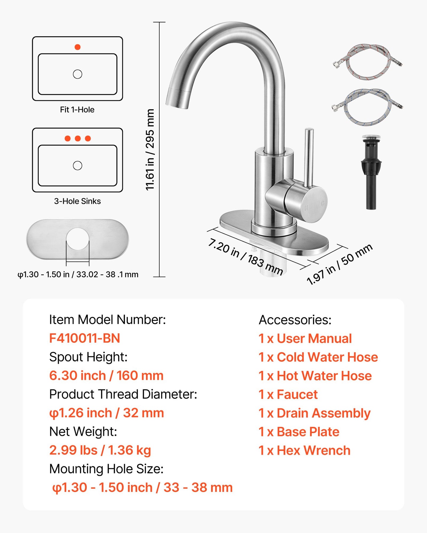 Single Handle Sink Faucet, Kitchen Faucet Brushed Nickel Single Handle, Kitchen Water Faucets with Anti-Splash Aerator, Suitable for Bathroom, RV, Bar Sink, Public Restroom, High Arc Spout