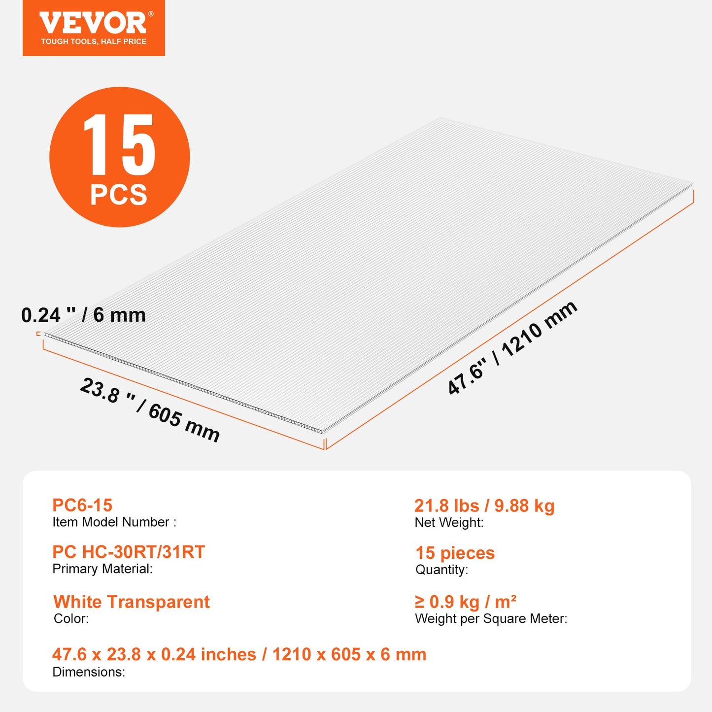 15 Pack Polycarbonate Greenhouse Panels, 2' X 4' X 0.24'' Roof Panels Sheets, Waterproof UV Protected Corrugated Plastic Roofing, Impact Resistance Clear Roofing Sheets for Greenhouse/Garden