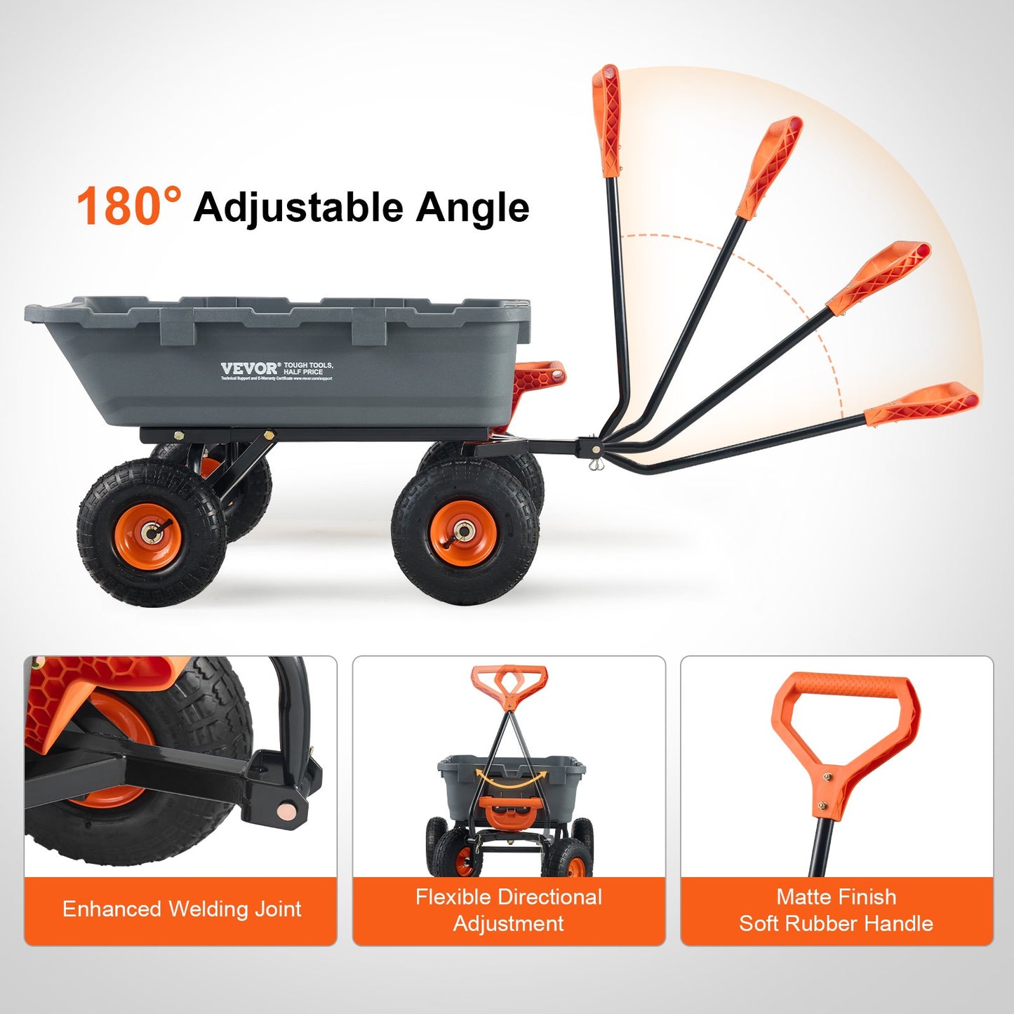 Garden Cart, Durable Poly Dump Cart with Simple Assembly Steel Structure, Versatile Dump Wagon with Dual-Function Handle, Handy Wheelbarrow with 800 lbs Load Capacity, 10 inch Wheels