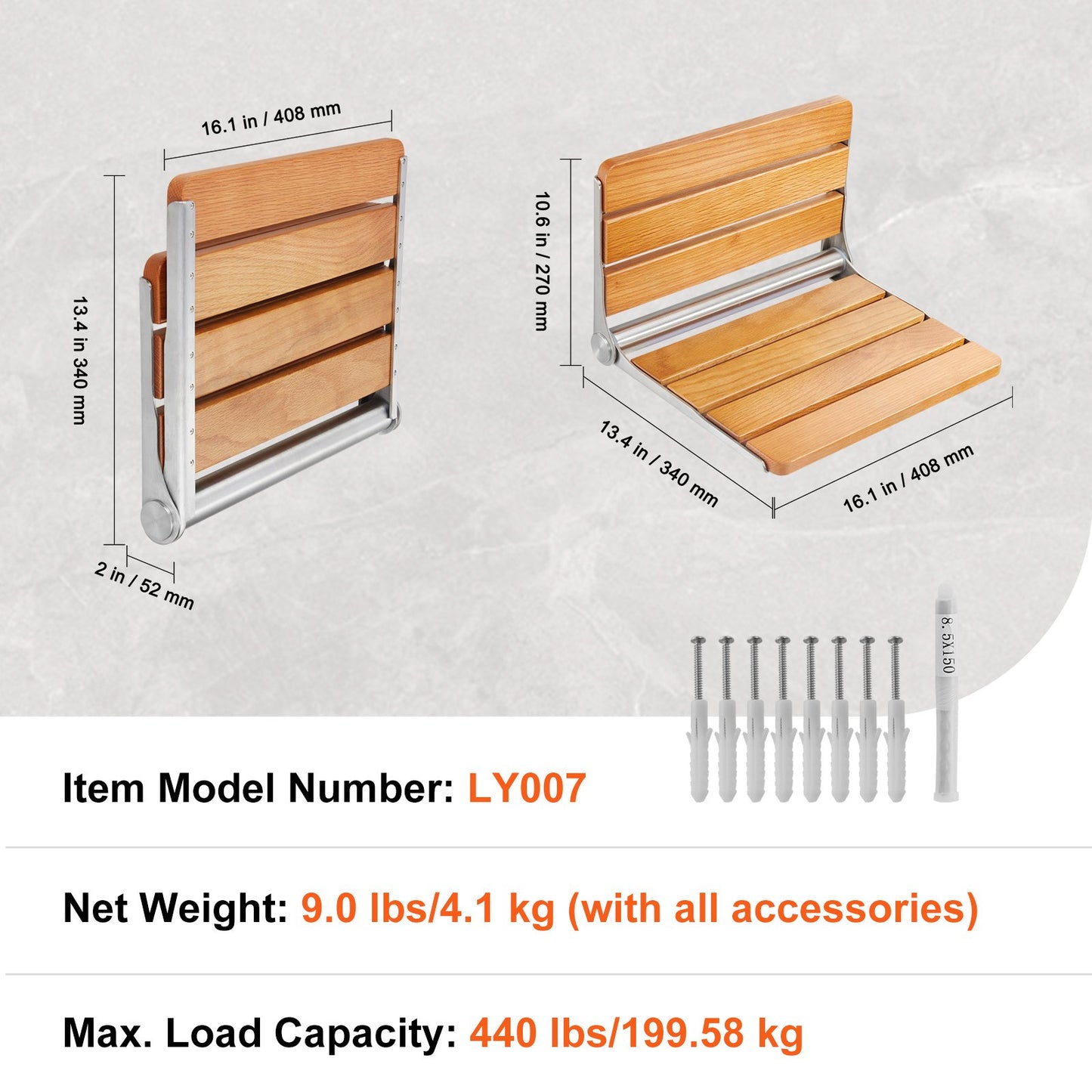 Folding Oak Shower Seat, 16.1" x 13.4" Unfolded, Wall Mounted Fold Up Shower Bench with 440 lbs Load Capacity, Space Saving Home Care Fold Down Shower Chair, for Seniors Pregnant Women Children