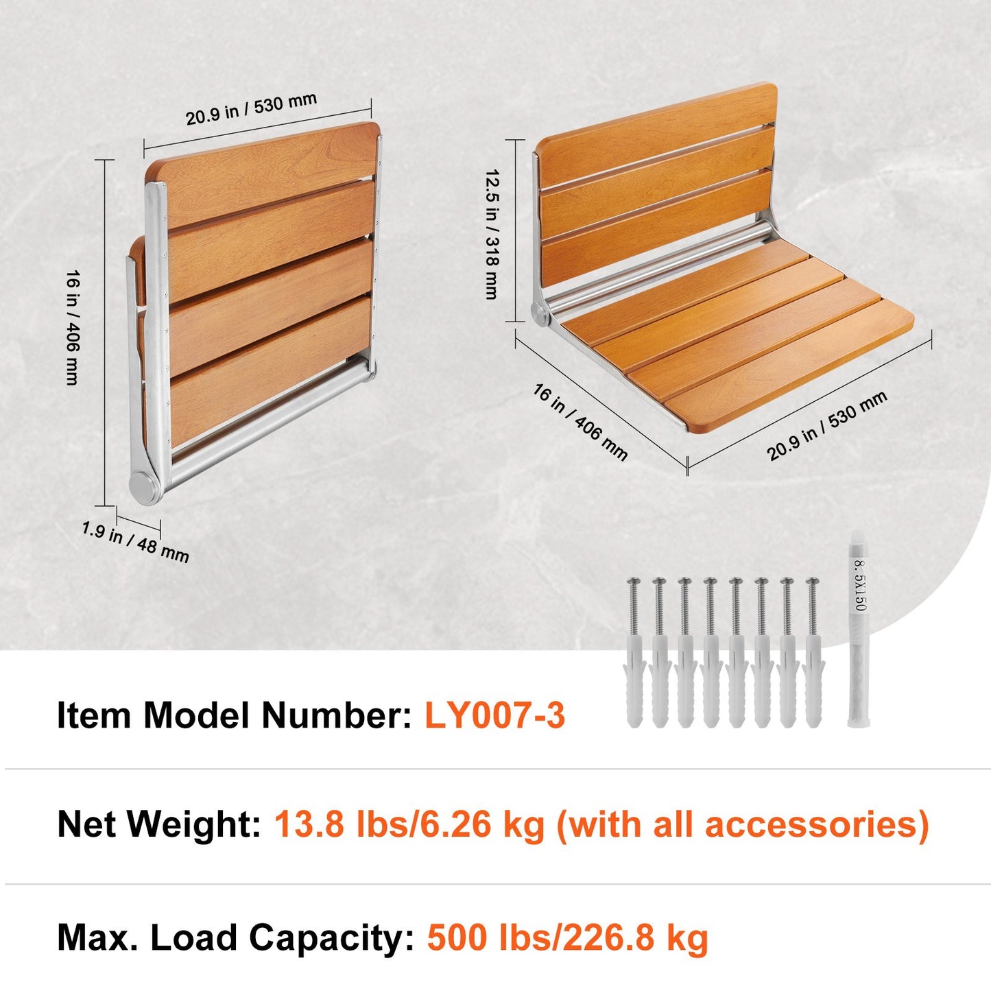 Folding Teak Shower Seat, 20.9 x 16'' Unfolded, Wall Mounted Fold Up Shower Bench with 500 lbs Load Capacity, Space Saving Home Care Fold Down Shower Chair, for Seniors Pregnant Women Children
