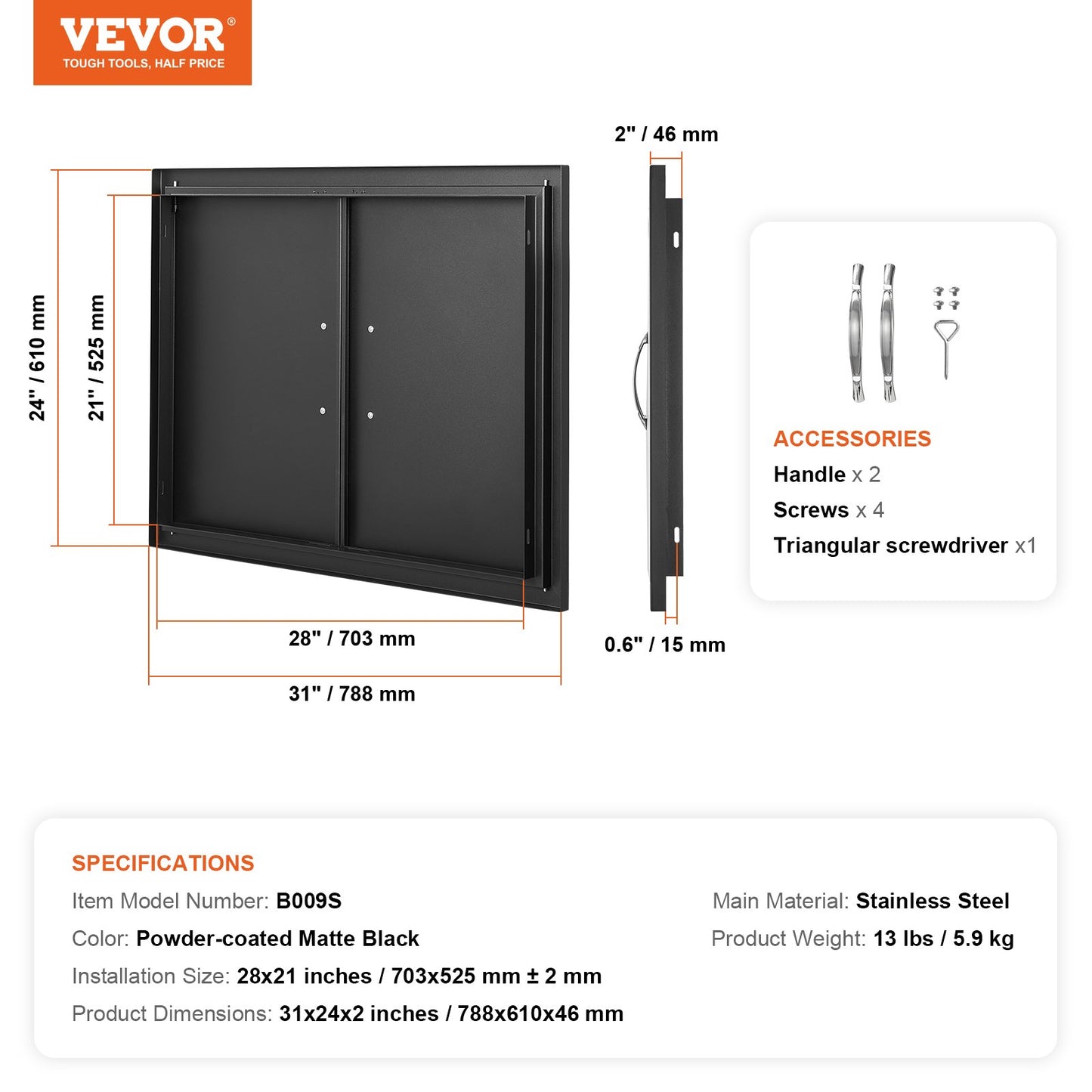 BBQ Access Door, 31W x 24H Inch Double Outdoor Kitchen Door, Cold Plate Flush Mount Door, Wall Vertical Door with Handles, for BBQ Island, Grilling Station, Outside Cabinet(Stainless Steel + Oil-Sprayed Product)