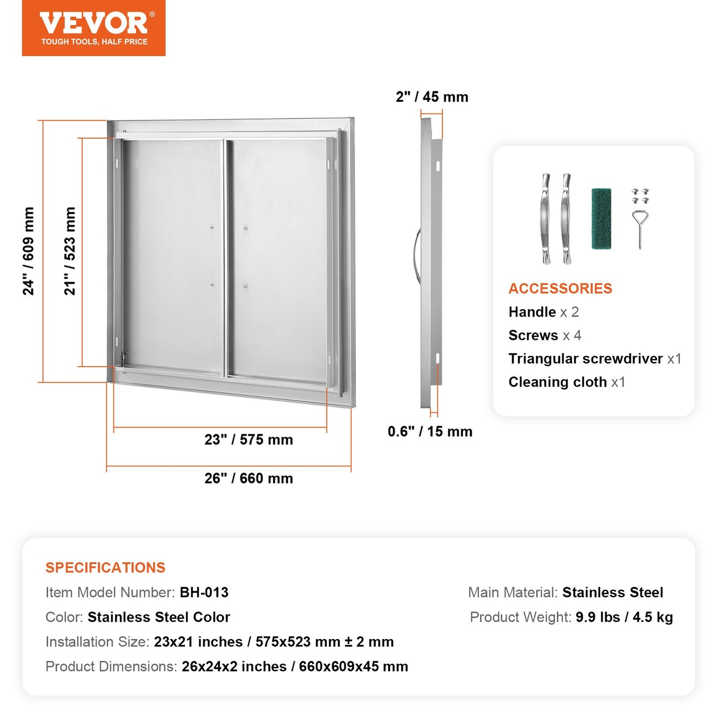 BBQ Access Door, 26W x 24H Inch Double Outdoor Kitchen Door, Stainless Steel Flush Mount Door, Wall Vertical Door with Handles, for BBQ Island, Grilling Station, Outside Cabinet