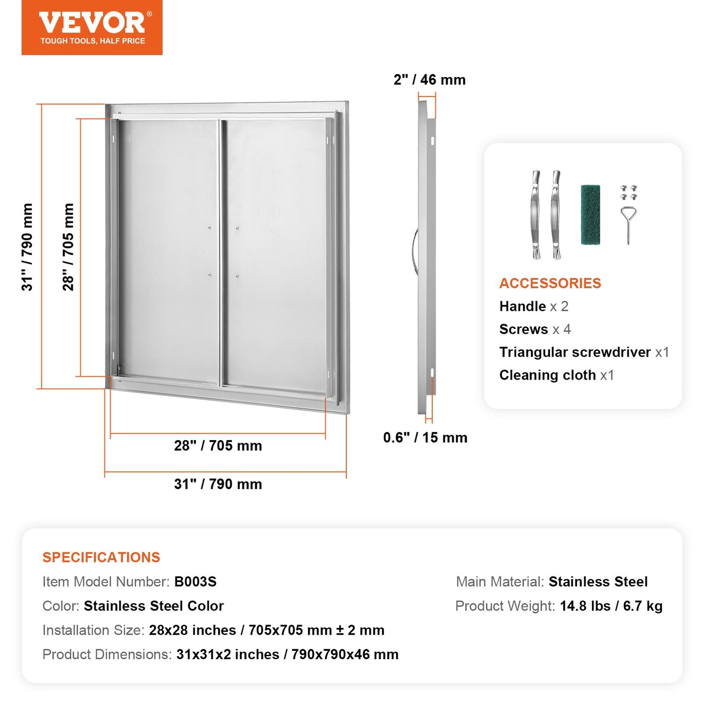BBQ Access Door, 31W x 31H Inch Double Outdoor Kitchen Door, Stainless Steel Flush Mount Door, Wall Vertical Door with Handles, for BBQ Island, Grilling Station, Outside Cabinet