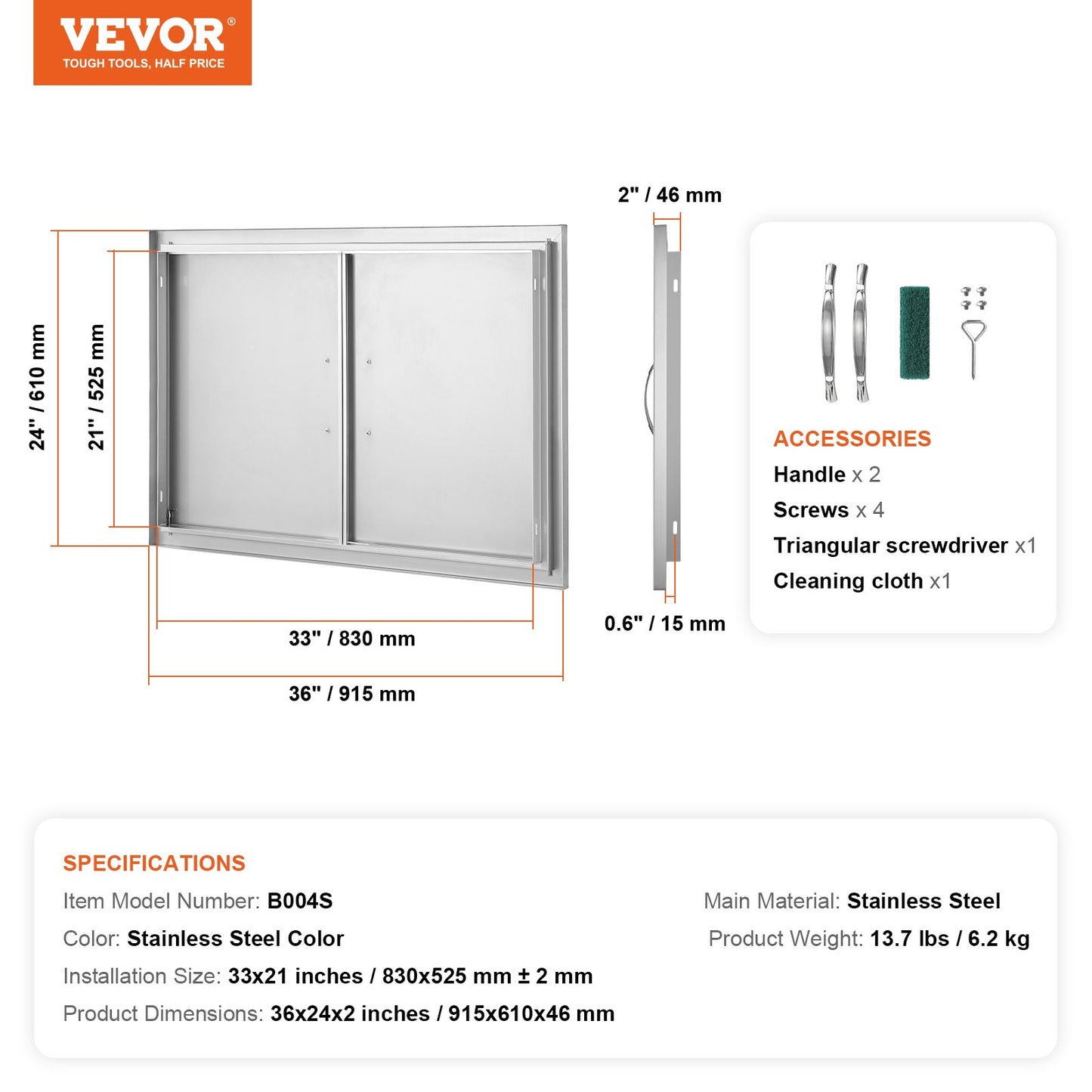 BBQ Access Door, 36W x 24H Inch Double Outdoor Kitchen Door, Stainless Steel Flush Mount Door, Wall Vertical Door with Handles, for BBQ Island, Grilling Station, Outside Cabinet