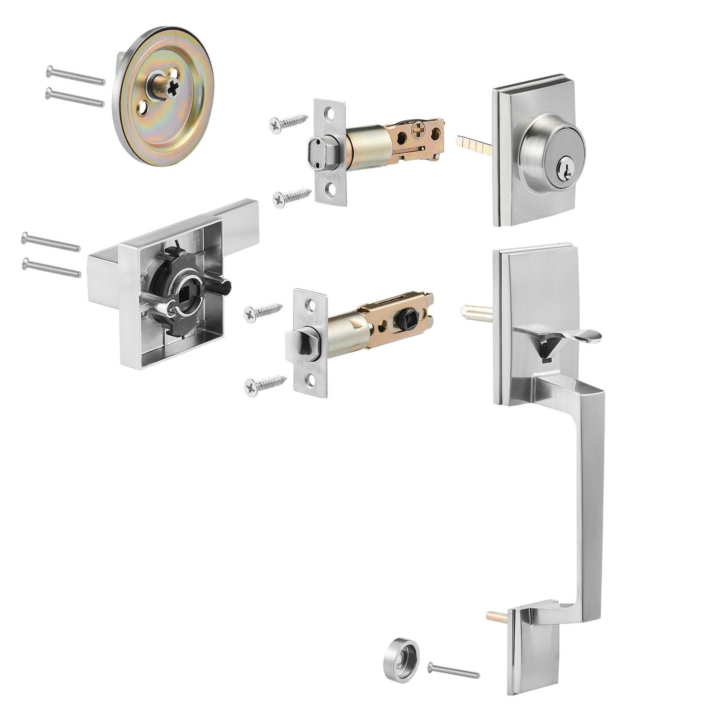 Double Door Handle Set, Double Door Lock Set with Reversible Handle Lever, Satin Nickel Square Door Lever, Heavy Duty Double Front Door Handle Set with Dummy, for Front Door or Office Door