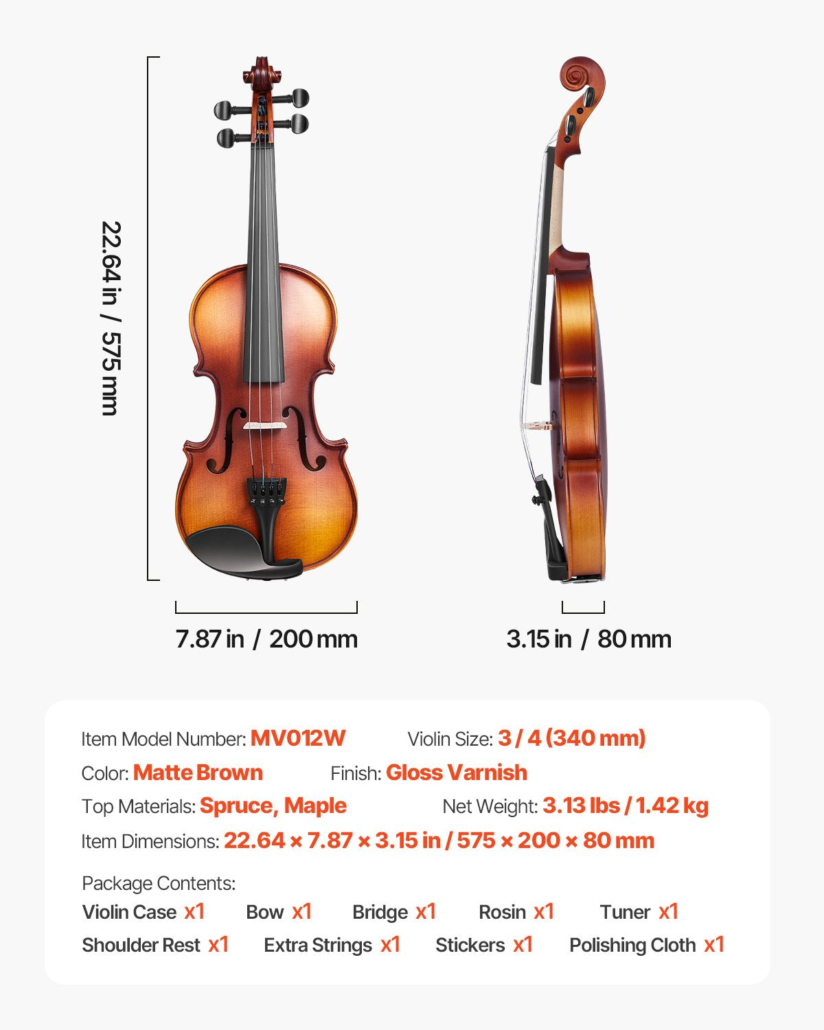 Violin 3/4 Size for Adults, Violin Fiddle Set for Beginners Student with Hard Case, Rosin, Bow, Shoulder Rest,Bridge,Tuner and Extra Strings,Solidwood Professional Musical Instruments (Brown)