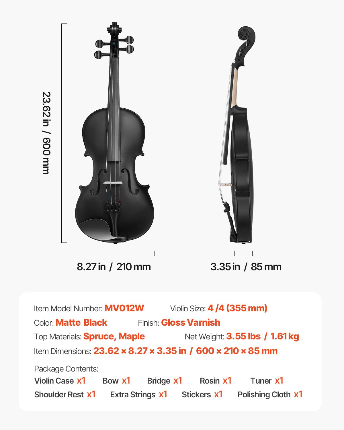Violin 4/4 Full Size for Adults, Violin Fiddle Set for Beginners Student with Hard Case, Rosin, Bow, Shoulder Rest, Bridge, Tuner and Extra Strings, Professional Solidwood Instruments (Black)