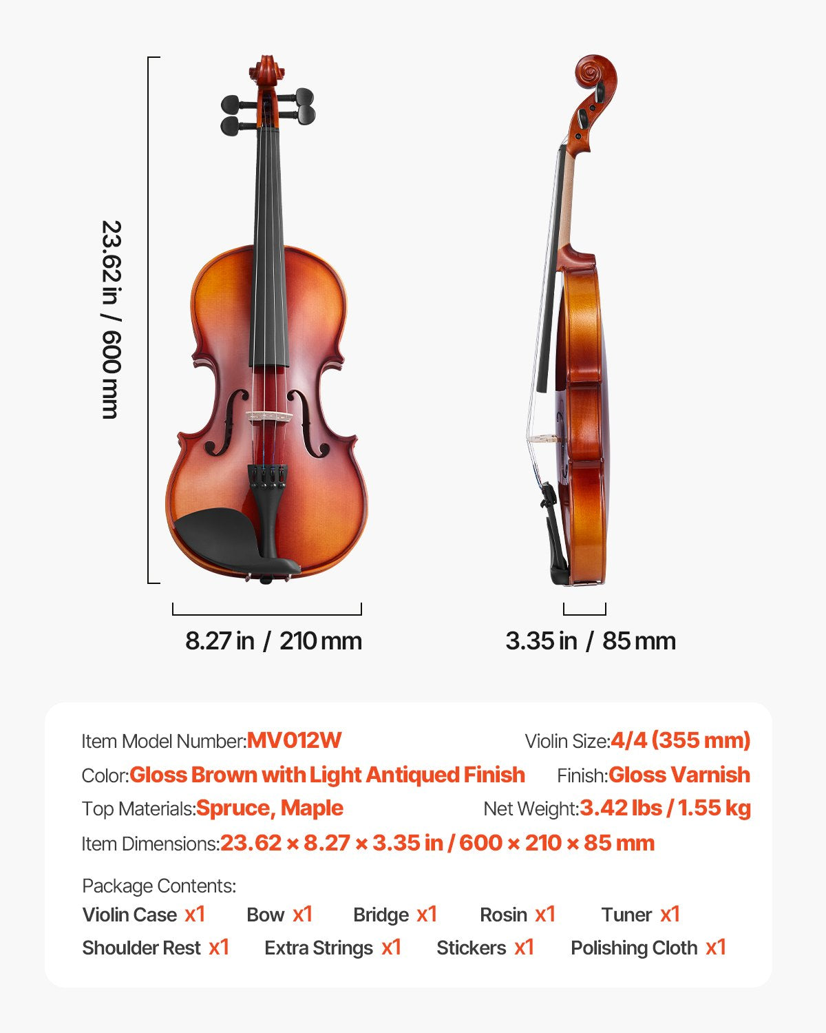 Violin 4/4 Full Size for Adults, Violin Fiddle Set for Beginners Student with Hard Case,Rosin, Bow,Shoulder Rest,Bridge,Extra Strings,Professional Solidwood Instrument (Glossy Brown)