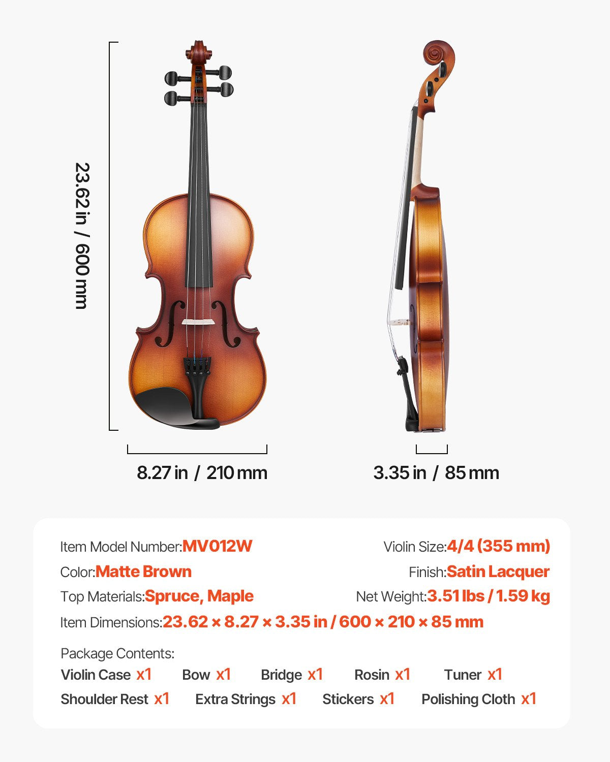 Violin 4/4 Full Size for Adults, Violin Fiddle Set for Beginners Student with Hard Case, Rosin, Bow, Shoulder Rest,Bridge,Extra Strings,Professional Solidwood Instrument (Matte Brown)