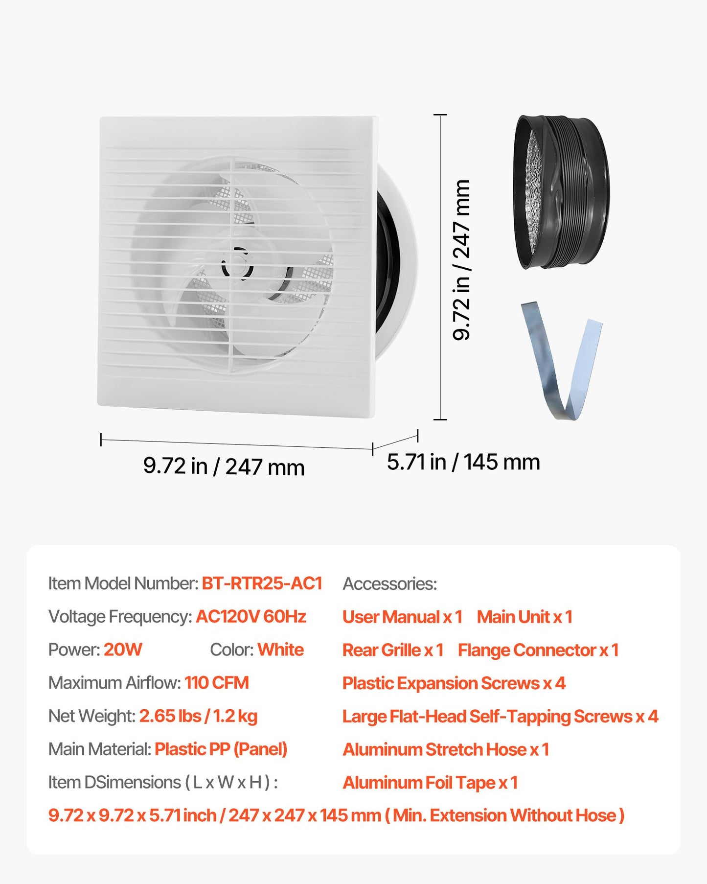 6 inch Through-The-Wall Ventilation Fan, 110 CFM Through Wall Exhaust Fan with AC Motor, Quiet Vent Easy Installation for Bathroom,Garage,Laundry Room,Storage Room Air Exchanger