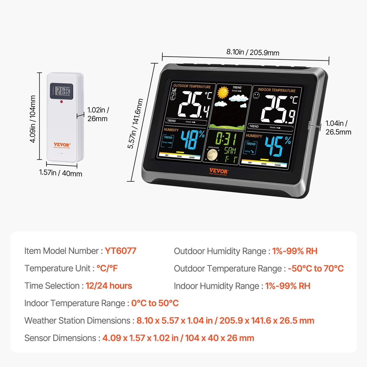 Weather Station Indoor Outdoor, 7.5 in Color Display, Wireless Digital Home Weather Station, with Sensor Atomic Clock Adjustable Backlight Forecast Data Calendar Alarm Alert Temperature-NO WIFI