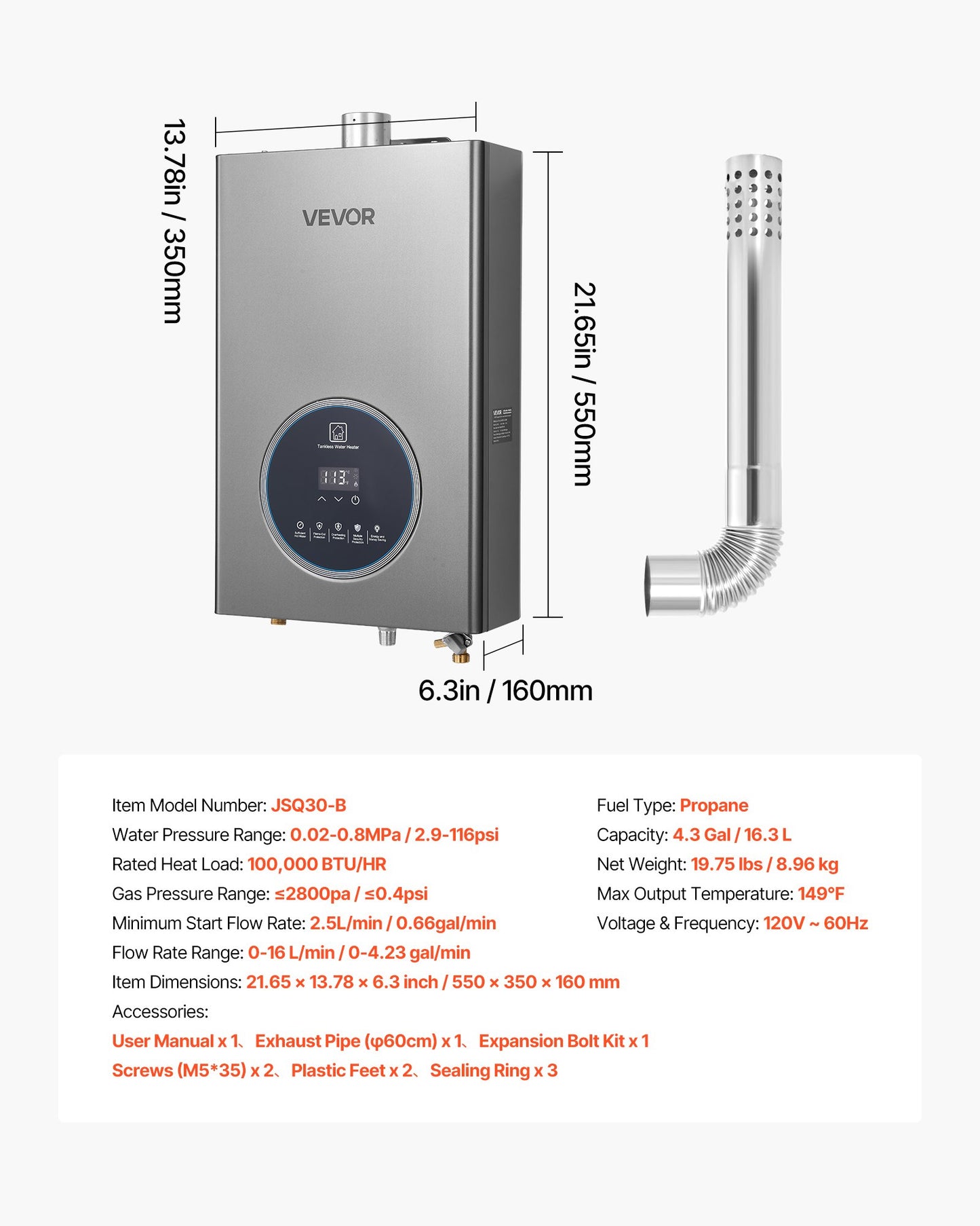 Propane Tankless Water Heater, 4.3Gal Indoor 100000 BTU Instant Hot Water Heater, Smart Temperature Control & Clear LED Display & Multiple Security Protections for Whole House, Silver Gray