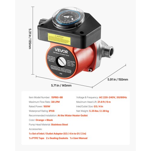 varmvattencirkulationspump, med timer, 38 LPM omedelbar recirkulationspumpsats, cirkulationscirkulatorsystem, 100W AC 220-240V, G3/4 tum till G1/2 tum-kontakt, för panna, solvärmare | EU