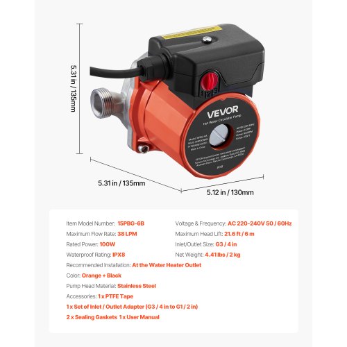 Varmvattencirkulationspump, 38 LPM, Omedelbar cirkulation, 3-hastighetsreglage, 100W, AC 220-240V, G3/4 tum till G1/2 tum adapter, rostfritt stålhuvud, för varmvattenberedare | EU