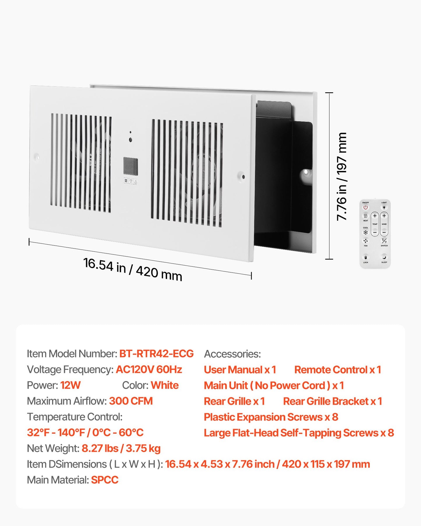 4-Inch Room to Room Fan, 2-in-1 300 CFM Through Wall Fan with Remote Control & Temperature Control, 10-Speed Ventilation Quiet Vent for Kitchen, Living & Laundry Room, Workshop