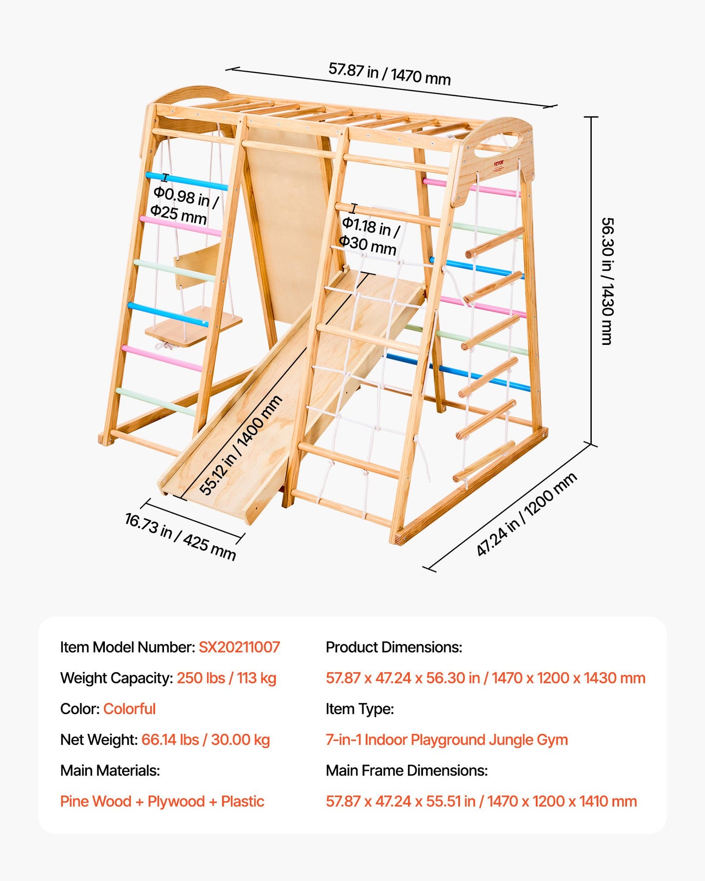 Indoor Playground Jungle Gym, 7-in-1 Wooden Indoor Playground for Kids, 250LBS Montessori Climbing Toys Playset with Swing, Monkey Bar, Slide, Wooden Ladder, Rope Ladder, Climbing Net & Rock
