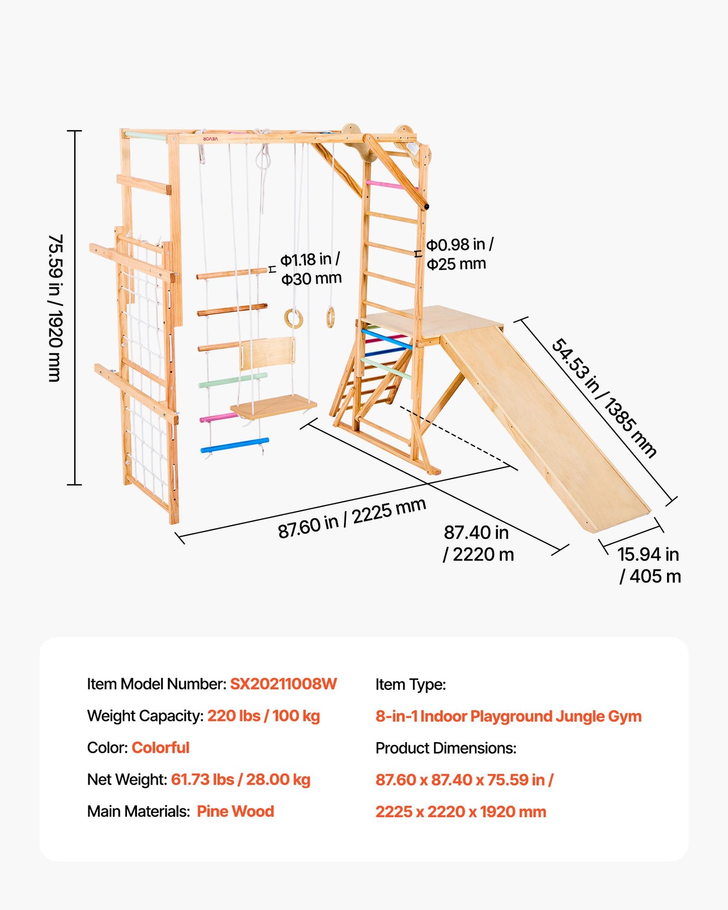 Indoor Playground Jungle Gym, 8-in-1 Wooden Indoor Playground Playset, 220LBS Loading Montessori Climbing Toys with Swing, Slide, Monkey Bar, Gym Rings, Wooden / Rope Ladder, Climbing Net & Bar